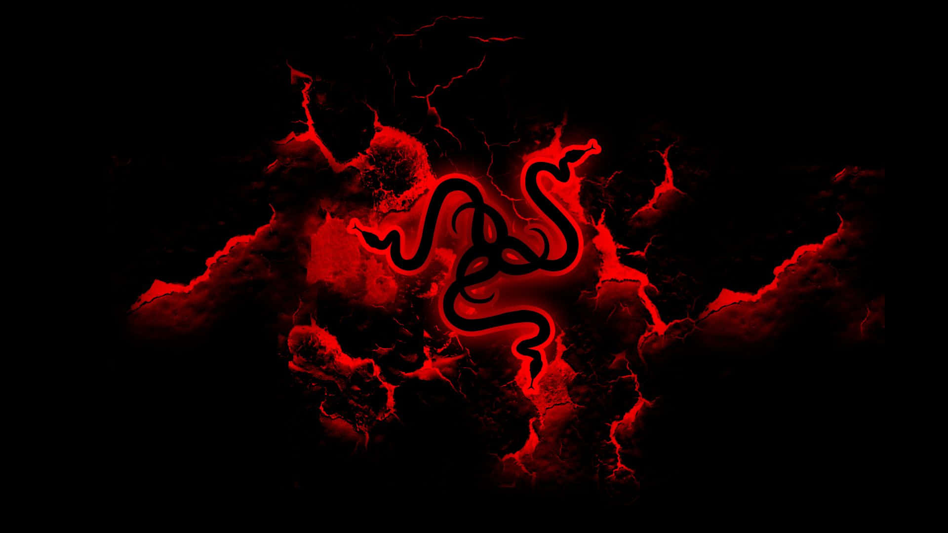Razer標誌在黑暗的火焰背景中發出紅光，帶有電火花。
