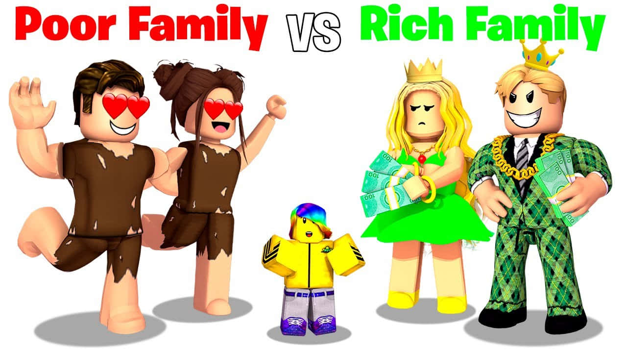 Roblox角色展示貧窮與富裕家庭手持金錢的對比。