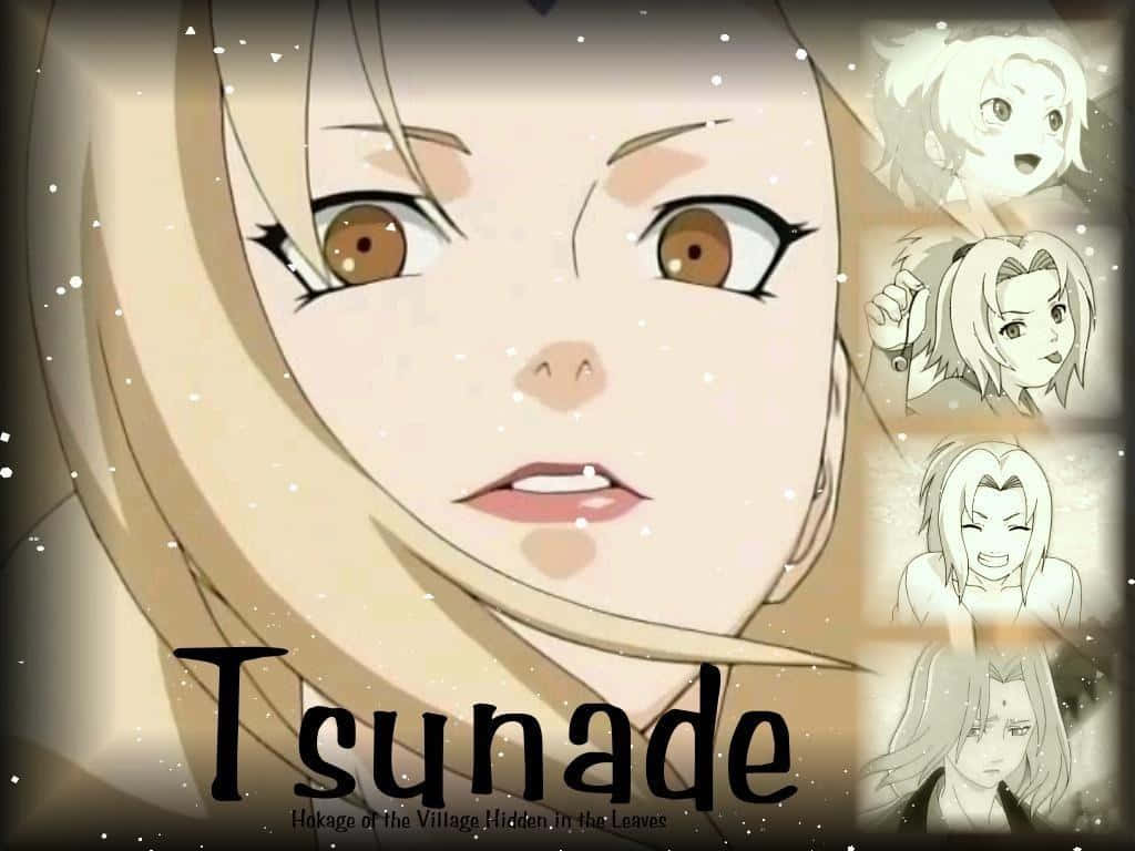 準備進入Tsunade的世界！ 壁紙 — 綱手嘅特寫動畫肖像，有表情豐富嘅啡色眼睛同金髮，周圍係佢表情嘅細小素描。