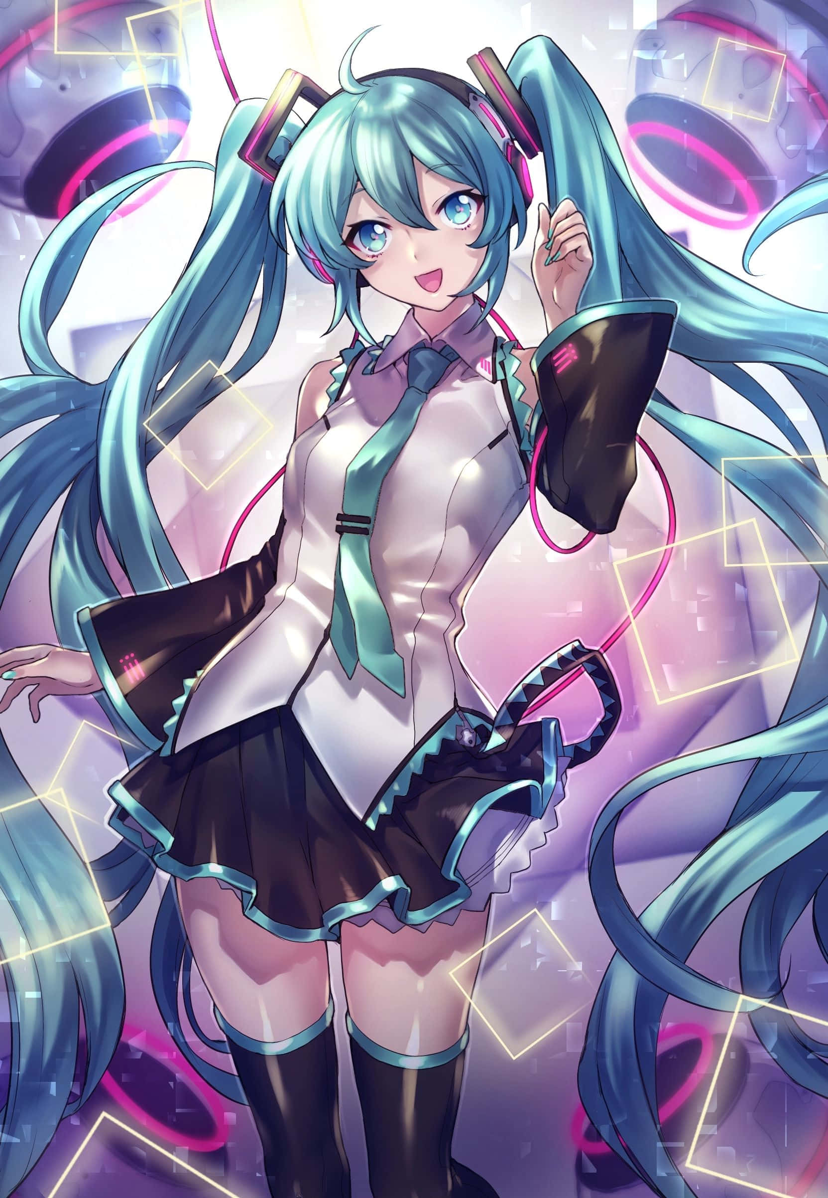 準備進入Vocaloid世界，選擇初音未來的特色手機 壁紙 — 一個充滿活力的動漫女孩，擁有藍綠色雙馬尾和耳機，在發光的霓虹幾何背景前微笑。