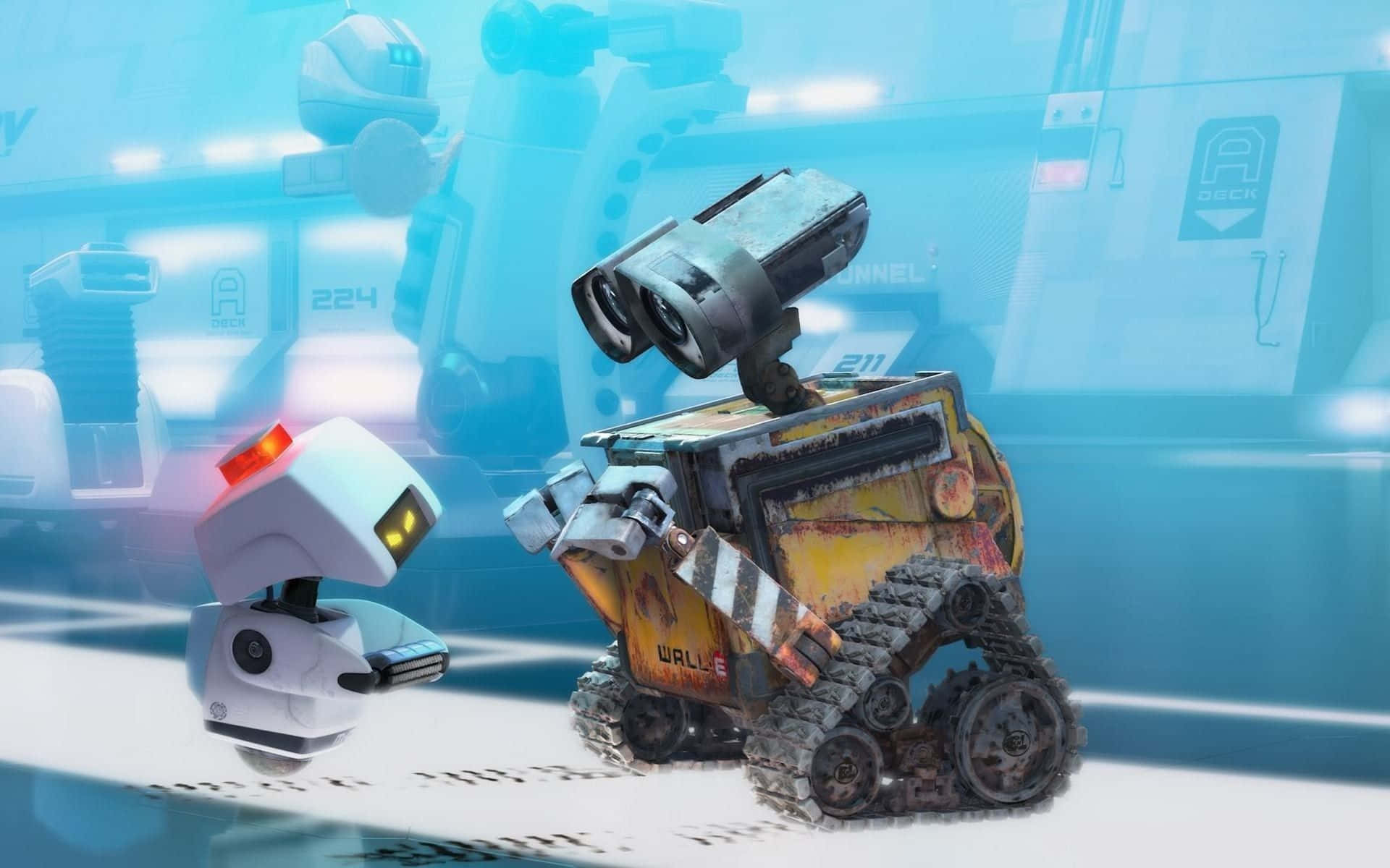 兩個動畫機械人，Wall-E 和 Eve，在一個未來實驗室中。