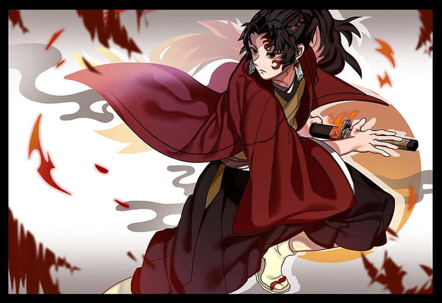 準備進攻 - 神崎一郎 壁紙 — 一位火熱的動漫戰士身穿飄逸的紅色長袍，用火焰之刃劈開煙霧和落葉。