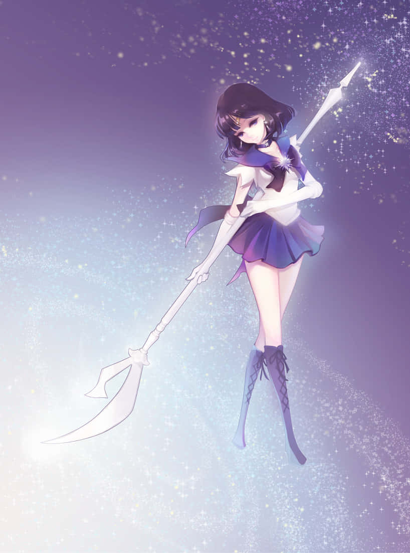 穿著水手服的動漫少女在星空宇宙背景中手持發光法杖。
