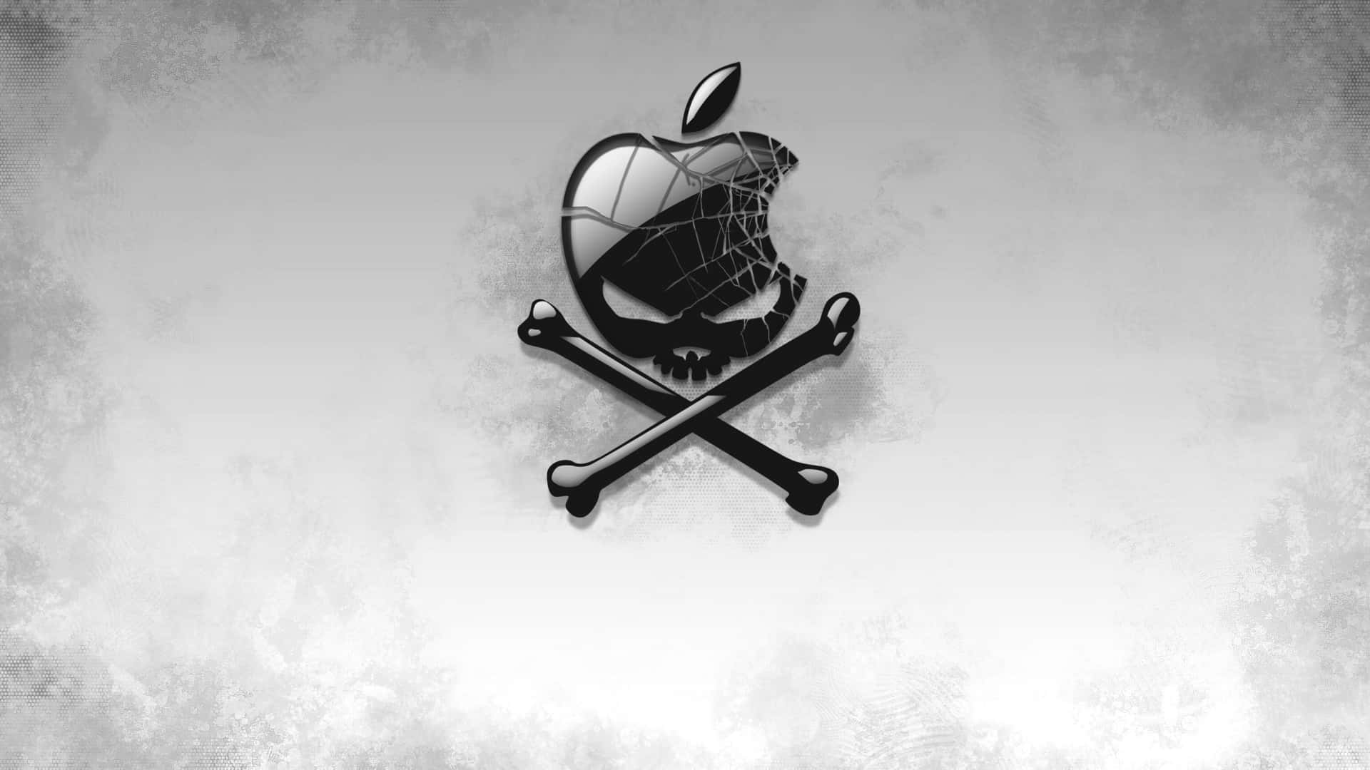 裂開的Apple標誌，帶有骷髏頭和交叉骨頭，位於有紋理的灰色背景上。