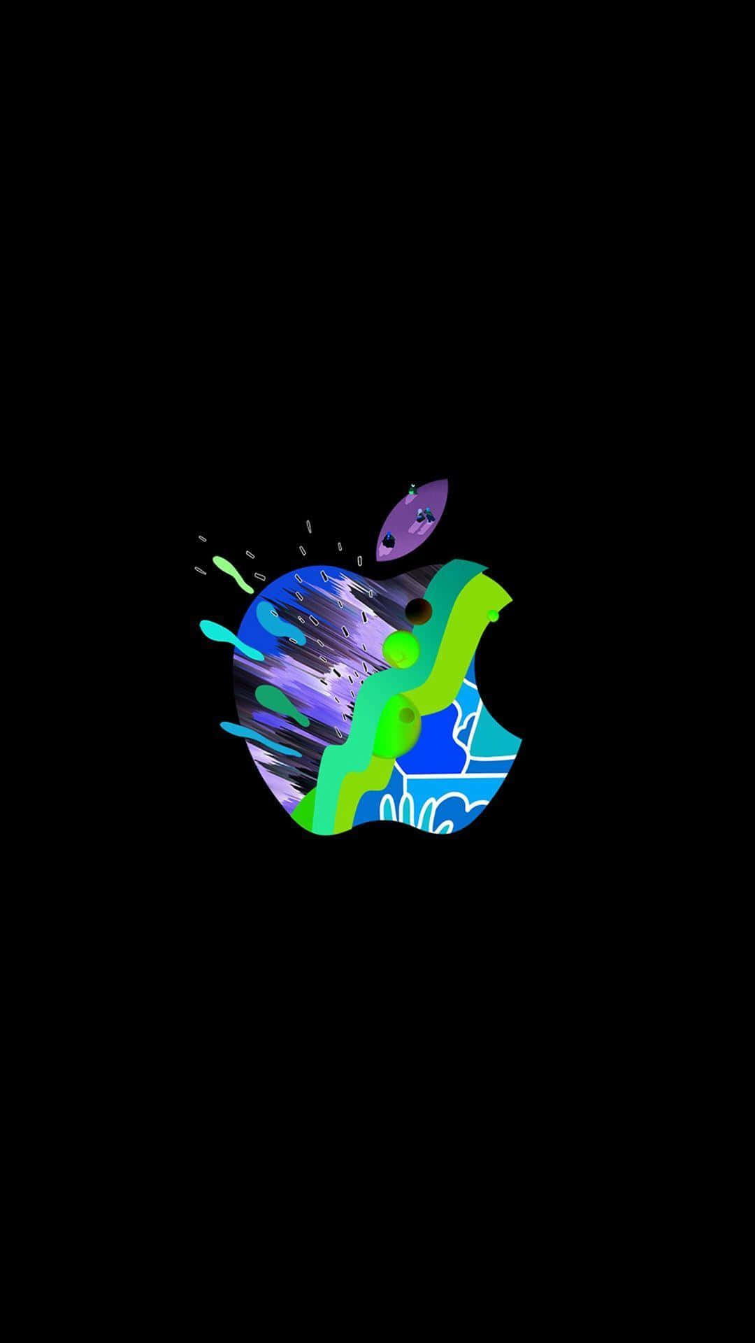 準備體驗 Apple iPhone XS Max 的極致表現 壁紙 — 一個充滿活力的抽象Apple標誌，在純黑背景上濺滿了螢光綠、藍和紫色油漆。