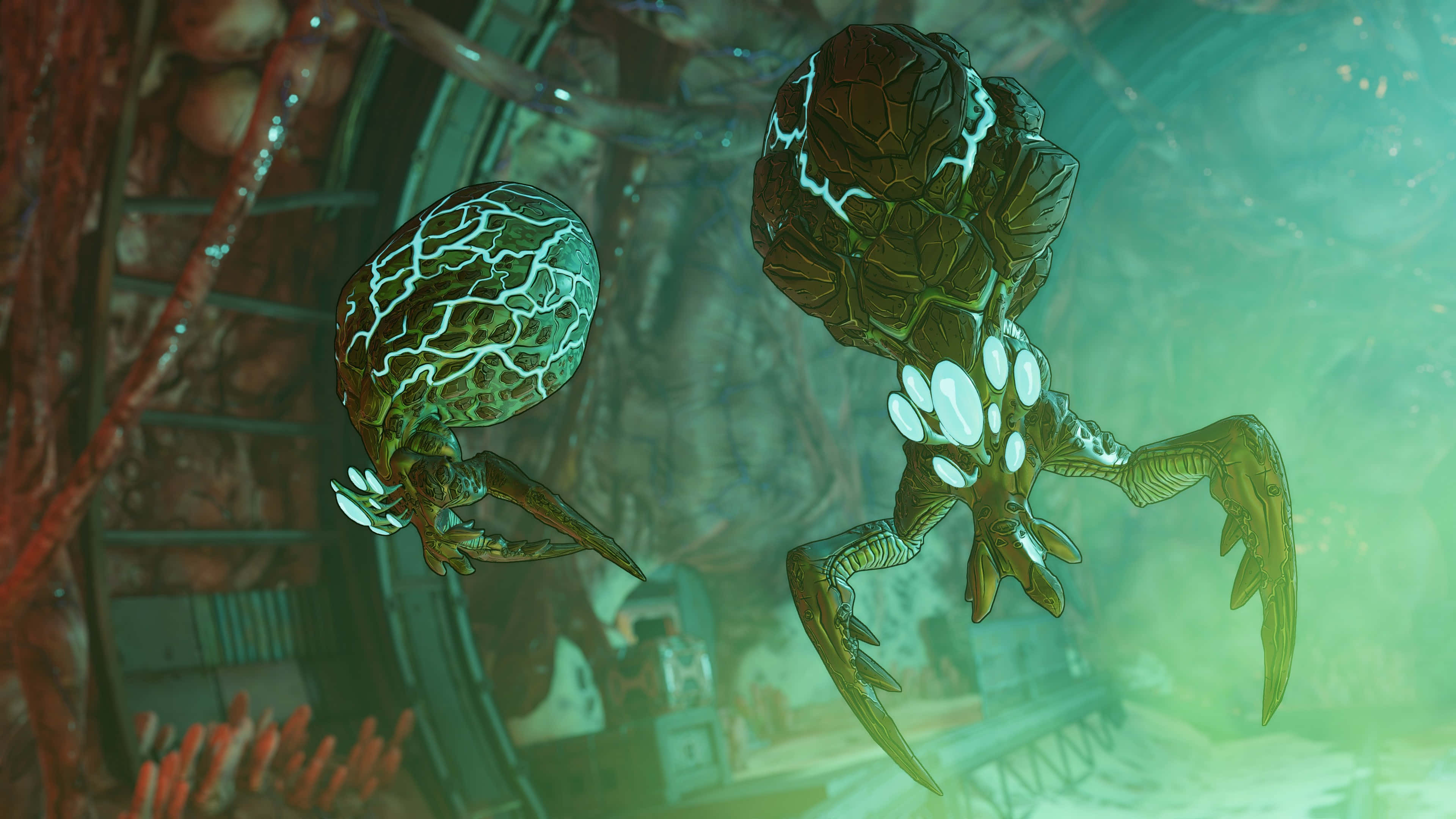 準備體驗4K Borderlands 3的難忘冒險 壁紙 — 兩隻發光的外星蟹類生物，帶有裂紋的殼，在渾濁的綠色水下廢墟中漂流。