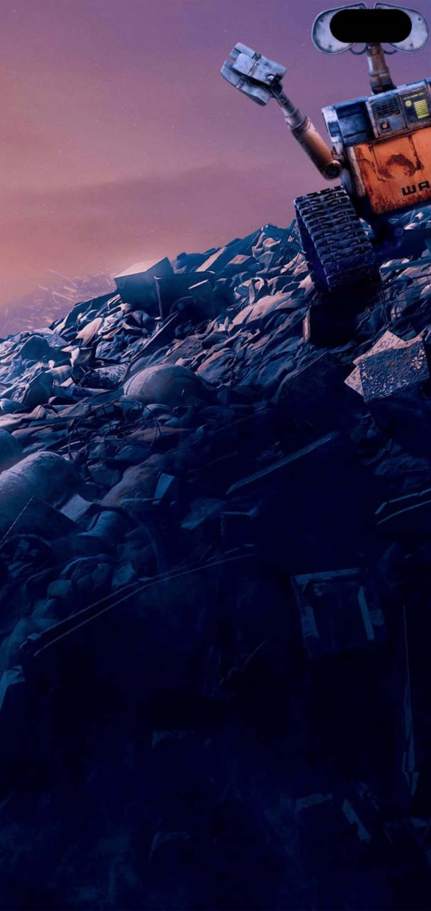 準備體驗震撼的 Galaxy S10 Plus 壁紙 — Wall-E 獨自站在岩石外星景觀上，天空呈暗紫色。