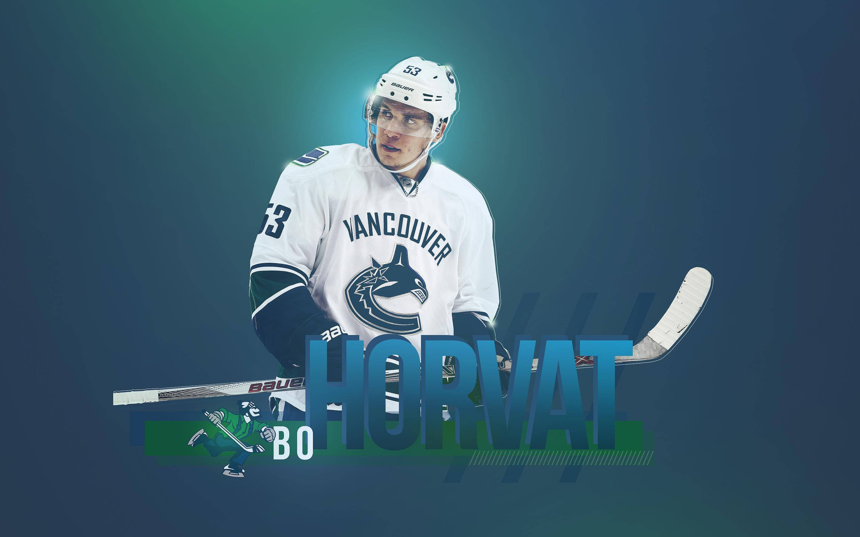溫哥華加人隊 波·霍瓦特 壁紙 — 冰球運動員 Bo Horvat 身穿溫哥華加人隊球衣，在漸變藍色背景上手持球棍，並帶有粗體名字圖案。