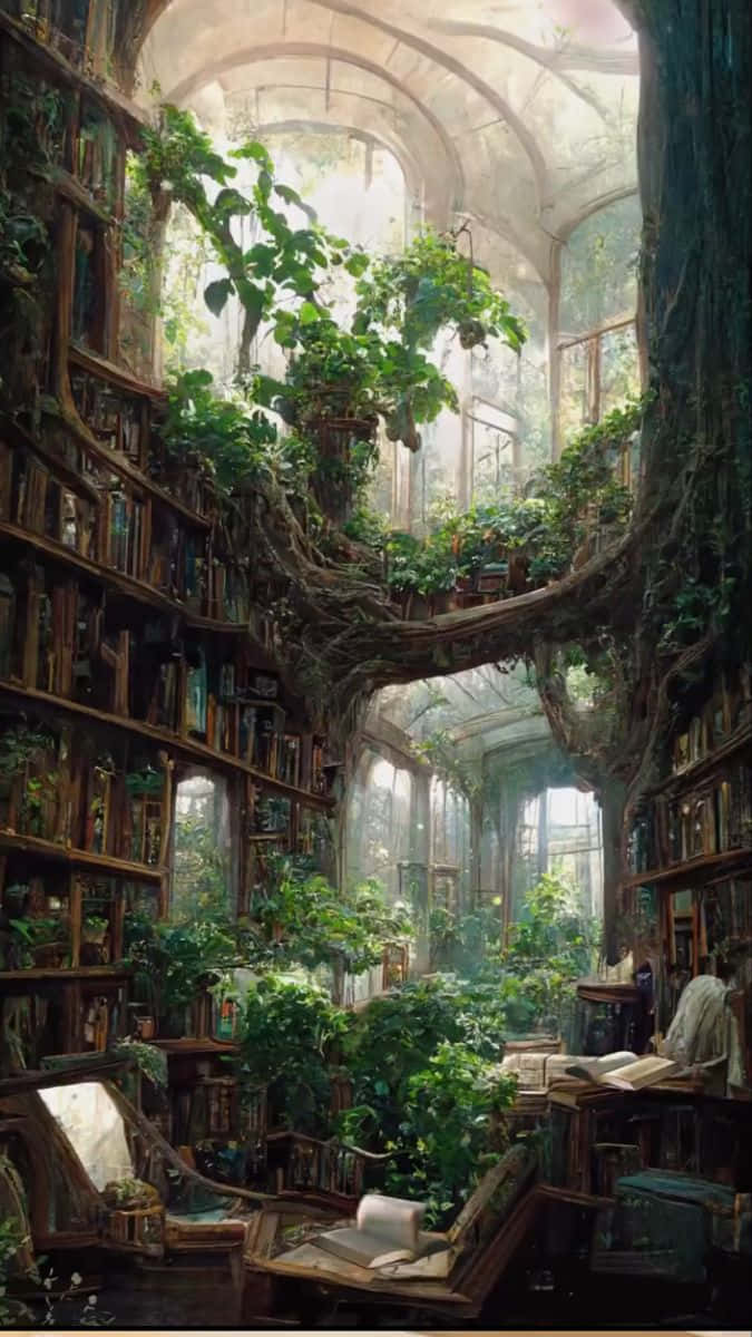 一個神奇的圖書館，樹木和植物在高聳的書架間生長。