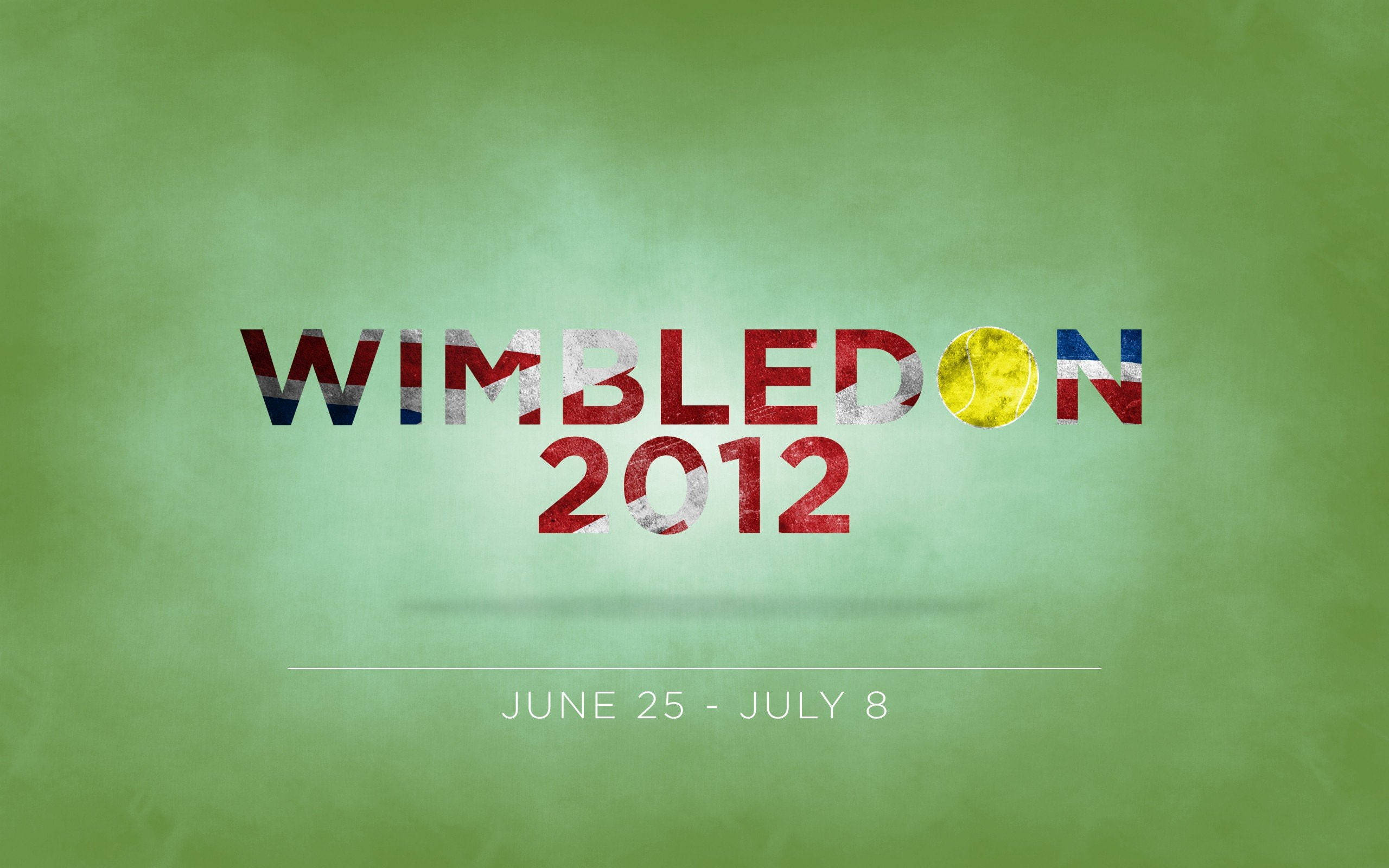 溫布頓精神——英國國旗色字體 壁紙 — Wimbledon 2012 標誌，帶有紋理的紅色和藍色字母，以及綠色背景上的黃色網球。