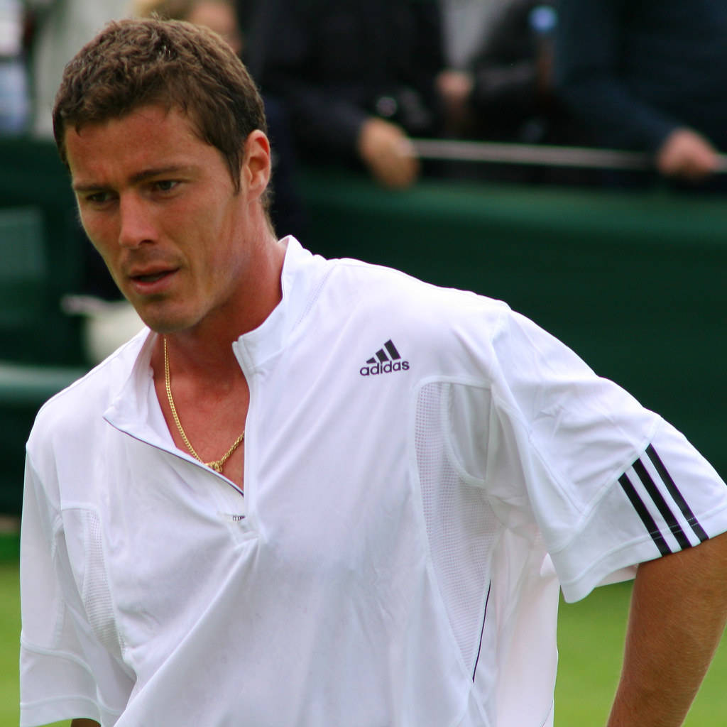 溫布頓錦標賽 Marat Safin 壁紙 — 一位專注的男性網球運動員穿著白色adidas襯衫，站在綠色背景的草地上。