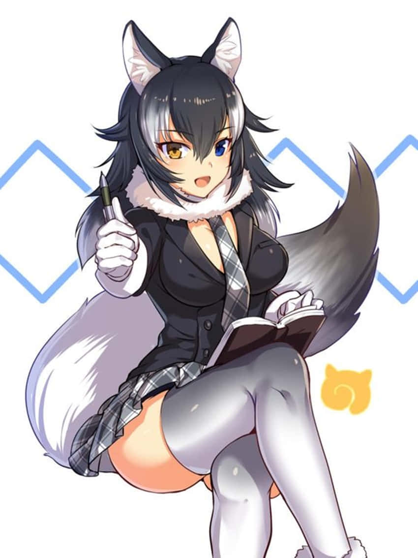 穿著校服、拿著筆和筆記本的狐狸耳朵動漫女孩。