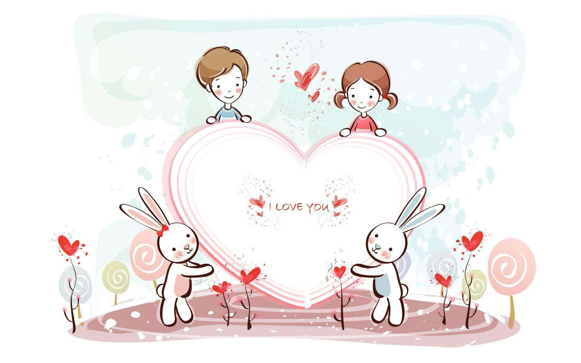 小孩和兔子拿著一個寫著「I LOVE YOU」的心形，周圍環繞著糖果樹。