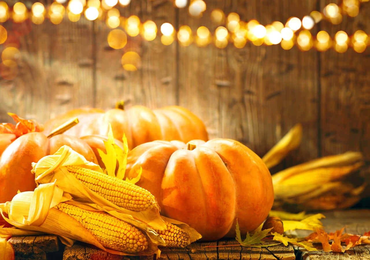 Fall Festival 桌布 壁紙 — 溫暖的秋季豐收場景，南瓜和玉米放在質樸的木頭上，上方掛著金色串燈。