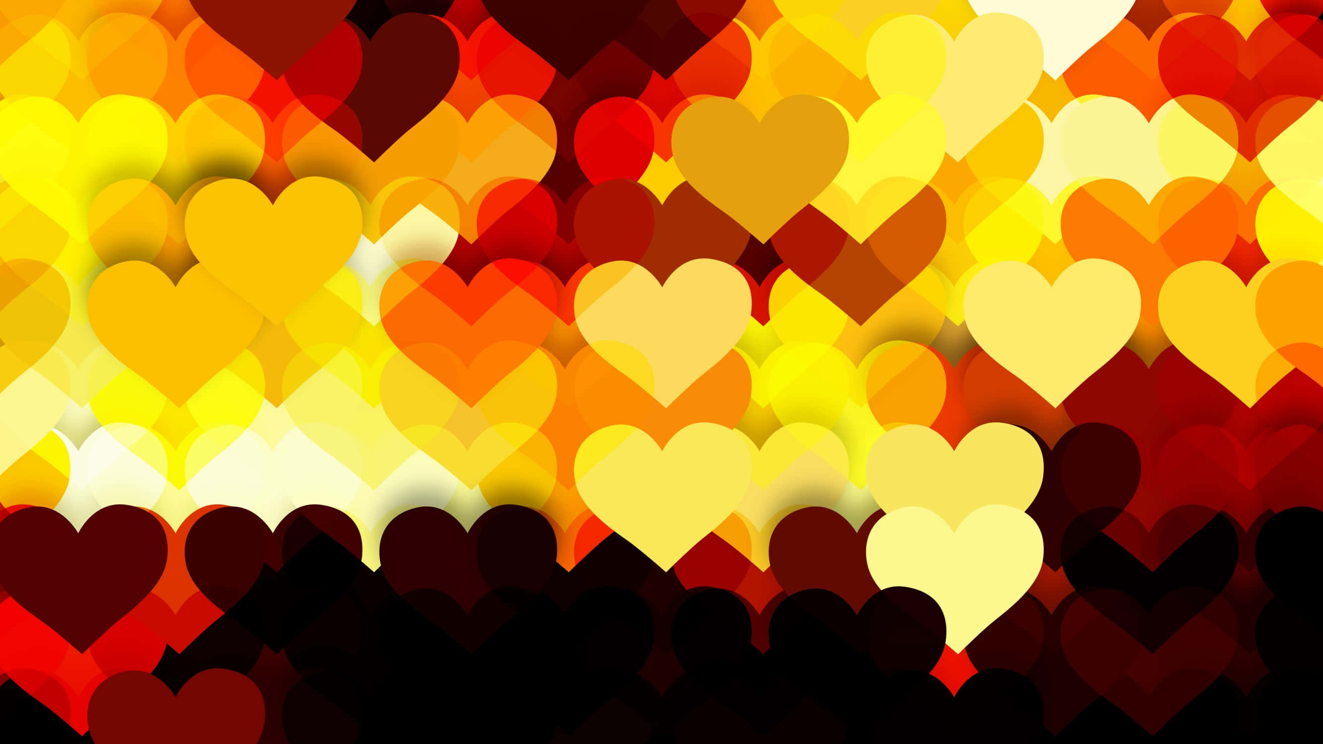 Orange Heart 桌布 壁紙 — 溫暖的紅色、黃色和橙色漸變重疊的心形，形成發光的浪漫圖案。