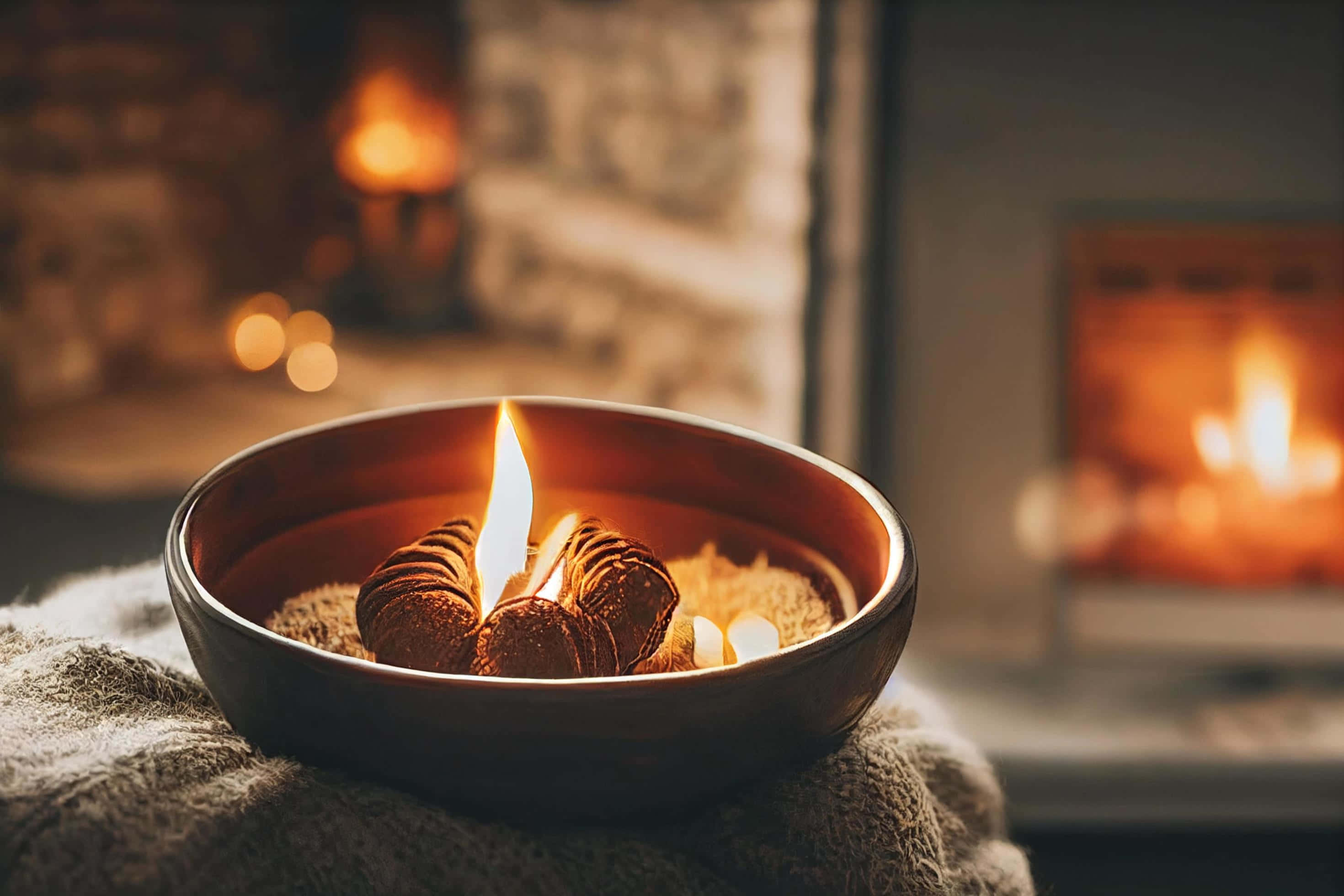 Autumn Fireplace 桌布 壁紙 — 溫暖的蠟燭火焰在一個木碗中搖曳，木碗放在一張有質感的毯子上，旁邊是一個舒適的壁爐。