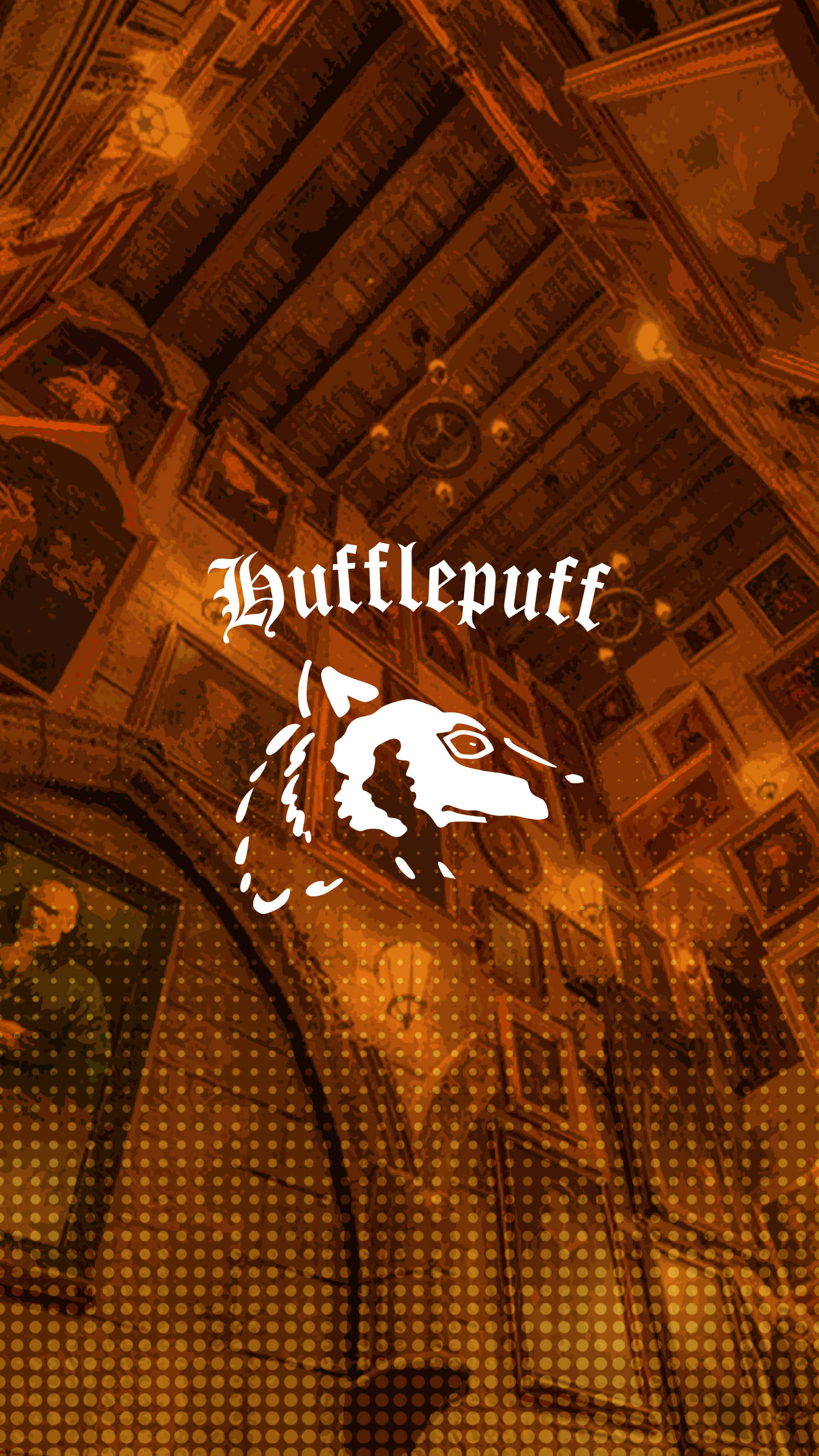 hufflepuff 桌布 壁紙 — 溫暖的金色圖書館天花板，帶有肖像和赫夫帕夫學院徽章，在點狀背景上發光。
