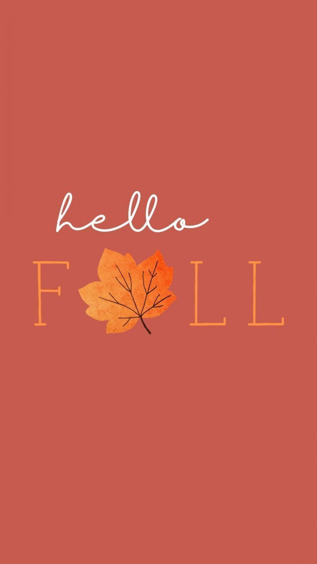 感恩節 桌布 壁紙 — 溫暖的陶土色背景上顯示「hello FOLL」字樣，並以橙色楓葉取代字母O。