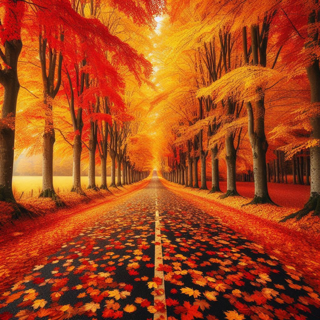 溫暖秋日旅程 壁紙 — 一條蜿蜒的道路覆蓋著鮮豔的紅色和橙色楓葉，延伸進一條發光的秋日森林隧道。