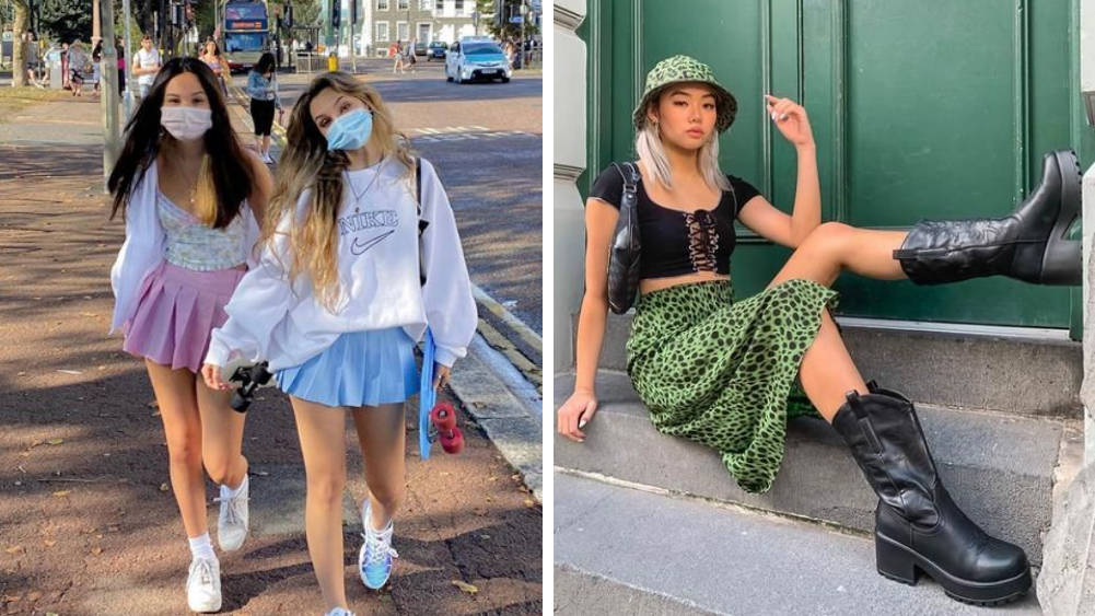 兩個女孩戴著口罩和百褶裙在城市人行道上行走，另一個女孩穿著豹紋在石階上擺姿勢。