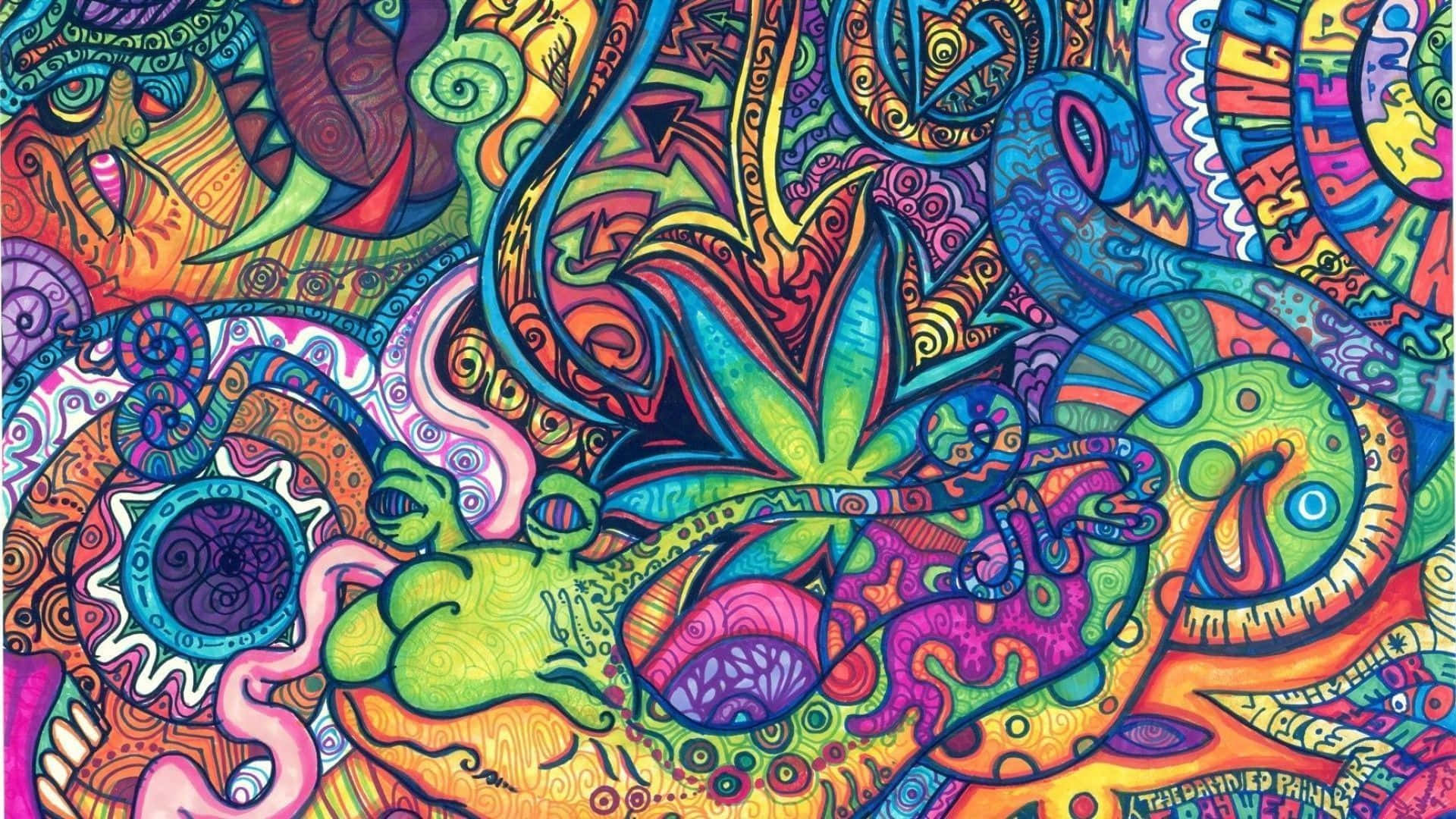 充滿漩渦圖案和超現實有機形狀的迷幻插圖。