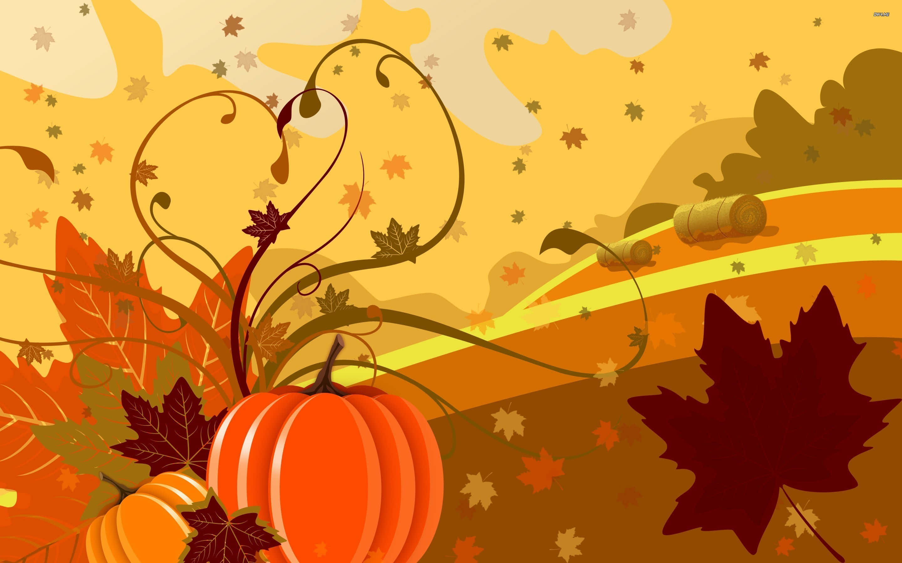 Autumn Bounty 桌布 壁紙 — 溫暖金色背景上，橙色南瓜與旋轉楓葉構成的充滿活力的秋日場景。