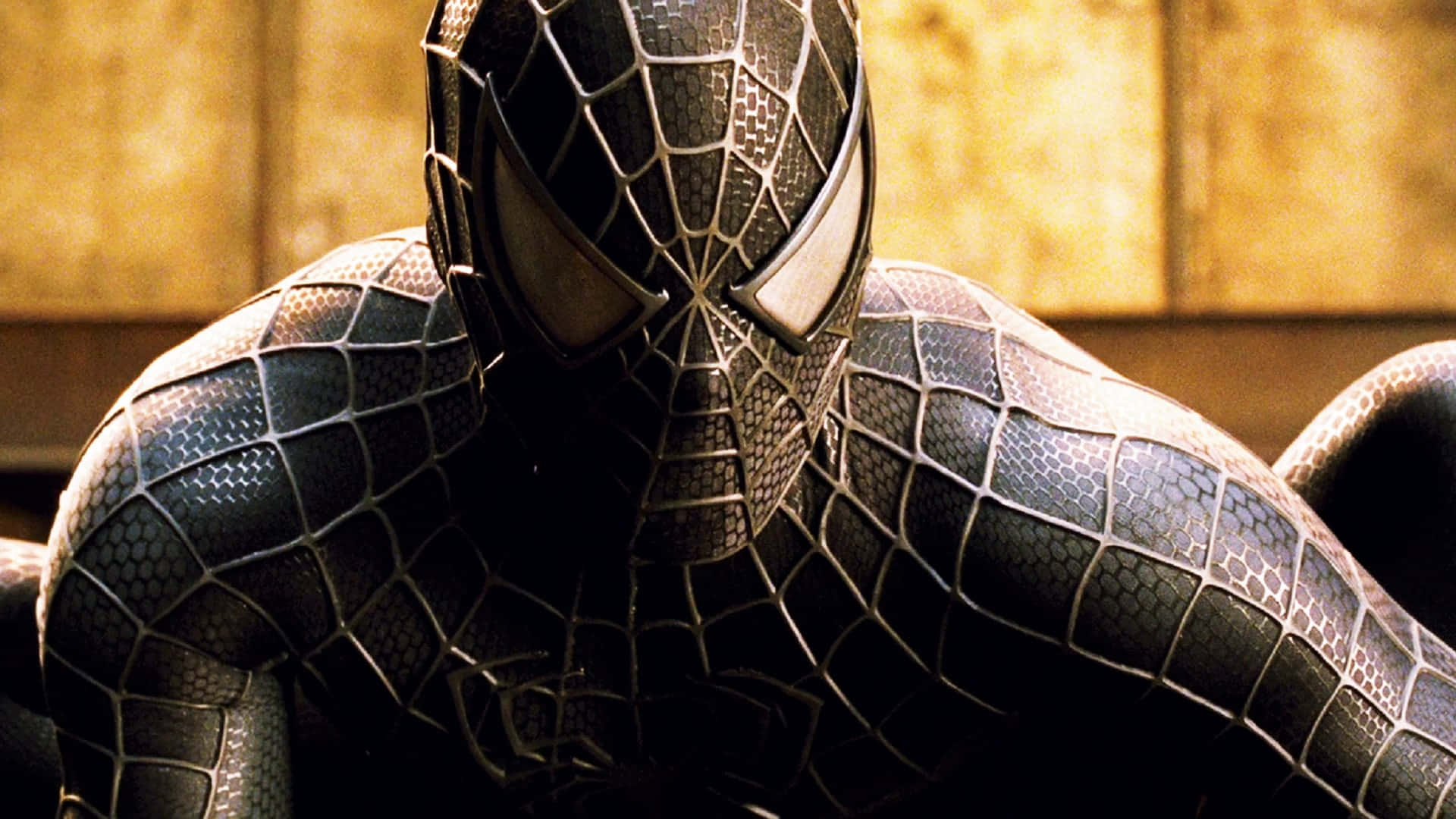 Spider Man 3 桌布 壁紙 — 溫暖金色背景上黑色蜘蛛俠服裝的銀色蛛網圖案特寫。