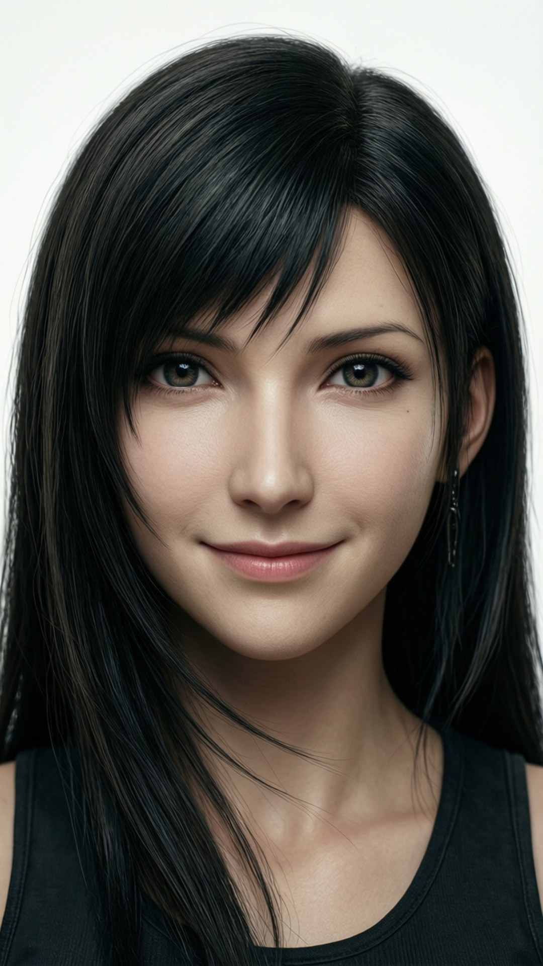 一位長髮黑髮、微笑含蓄的年輕女性在工作室肖像中。