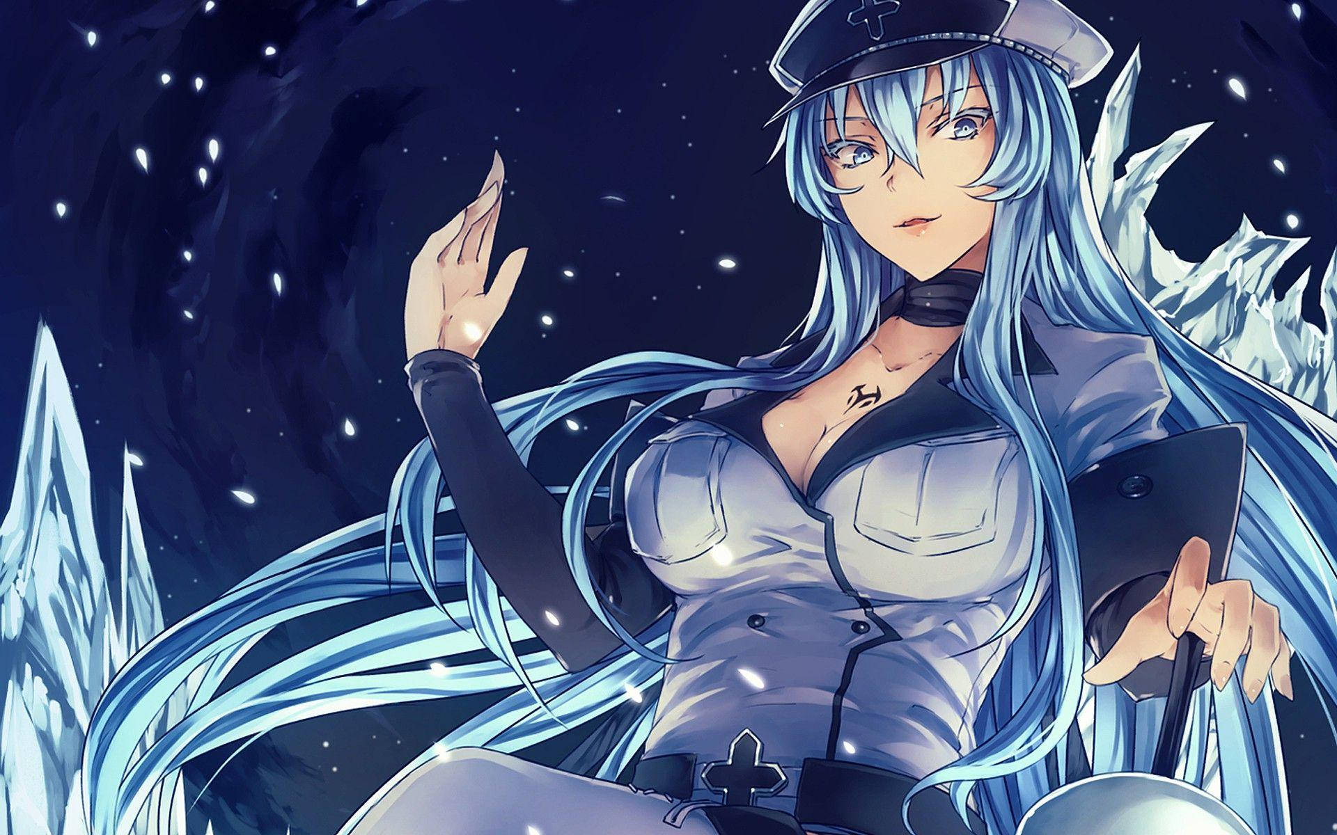 溫柔的艾斯黛絲 壁紙 — 一位藍髮動漫女孩穿著護士服，站在星光燦爛的夜空下，周圍是發光的冰晶。