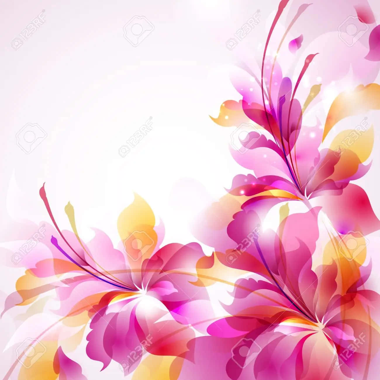 溫柔粉紅花邊 壁紙 — 充滿活力的抽象花卉設計，粉紅色、橙色和紫色的花瓣在柔和發光的背景上流動。