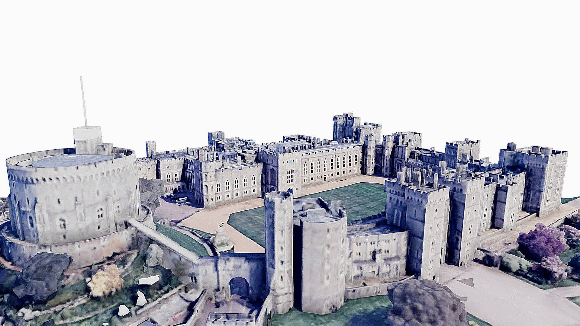 一座中世紀石頭城堡的3D模型，擁有多個塔樓和庭院。