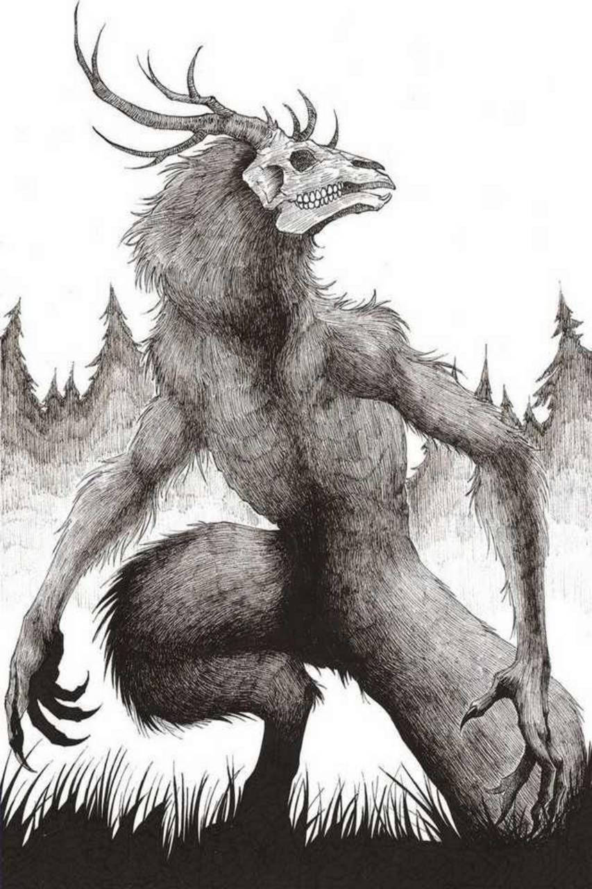 一隻有角骷髏野獸蹲伏在森林中，以黑白線條藝術繪製。