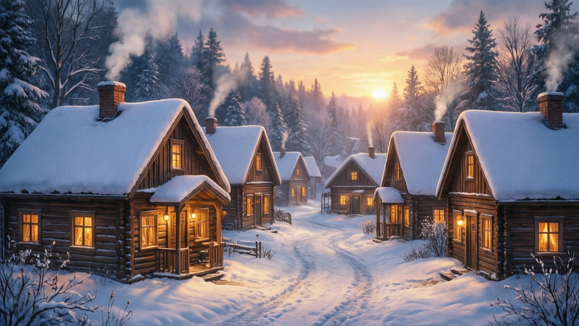 雪覆蓋的小屋在冬日森林中閃爍著溫暖的燈光，夕陽西下。