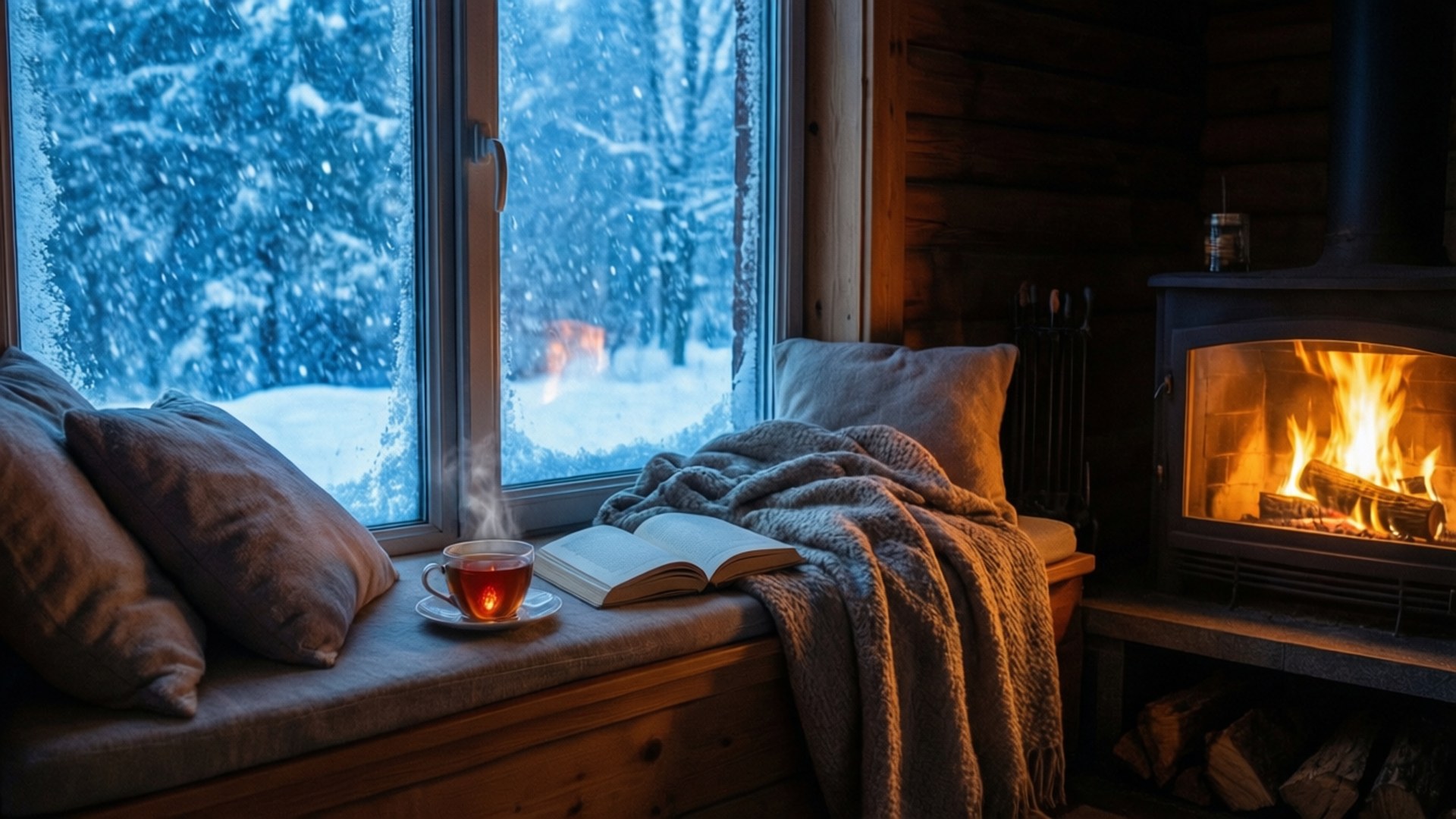 舒適的小屋窗邊座位，在雪冬的夜晚有茶、書籍和壁爐。