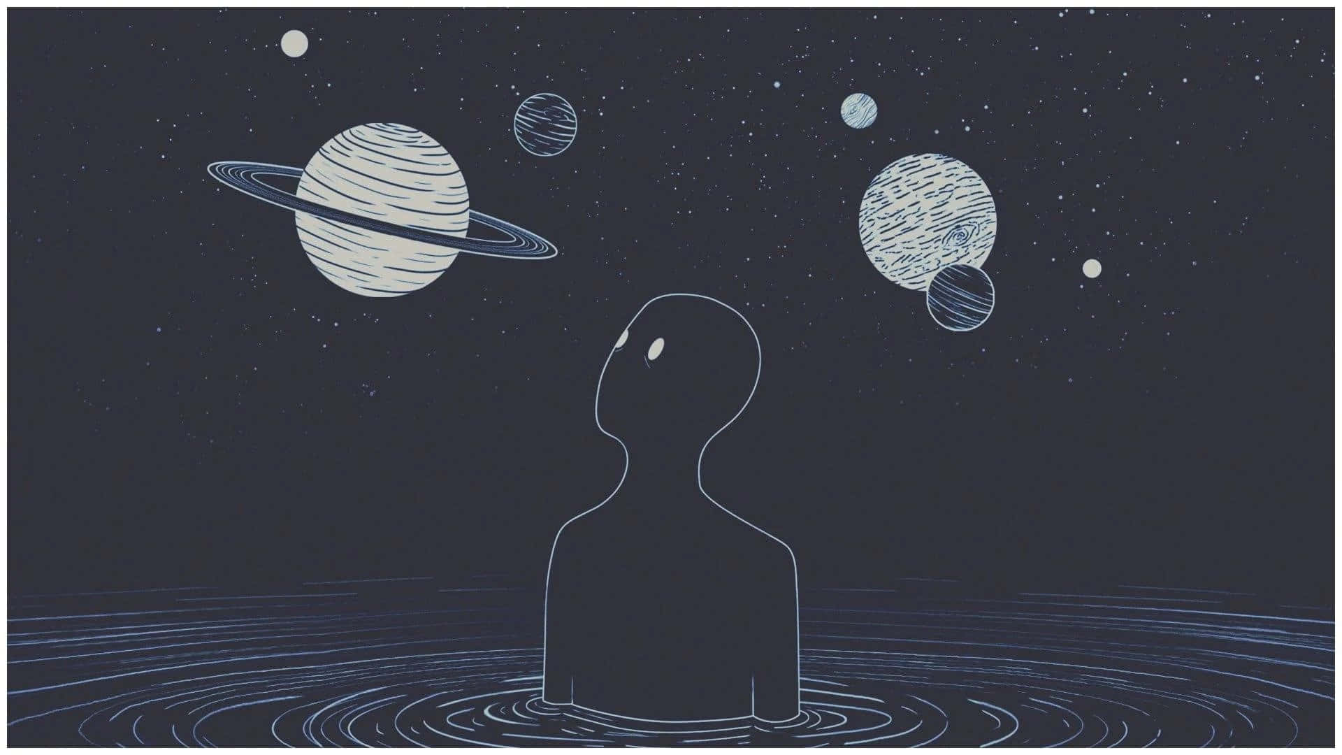 溫馨又時尚的桌面佈置 壁紙 — 一個極簡剪影站在水中仰望星空，有行星和光環。