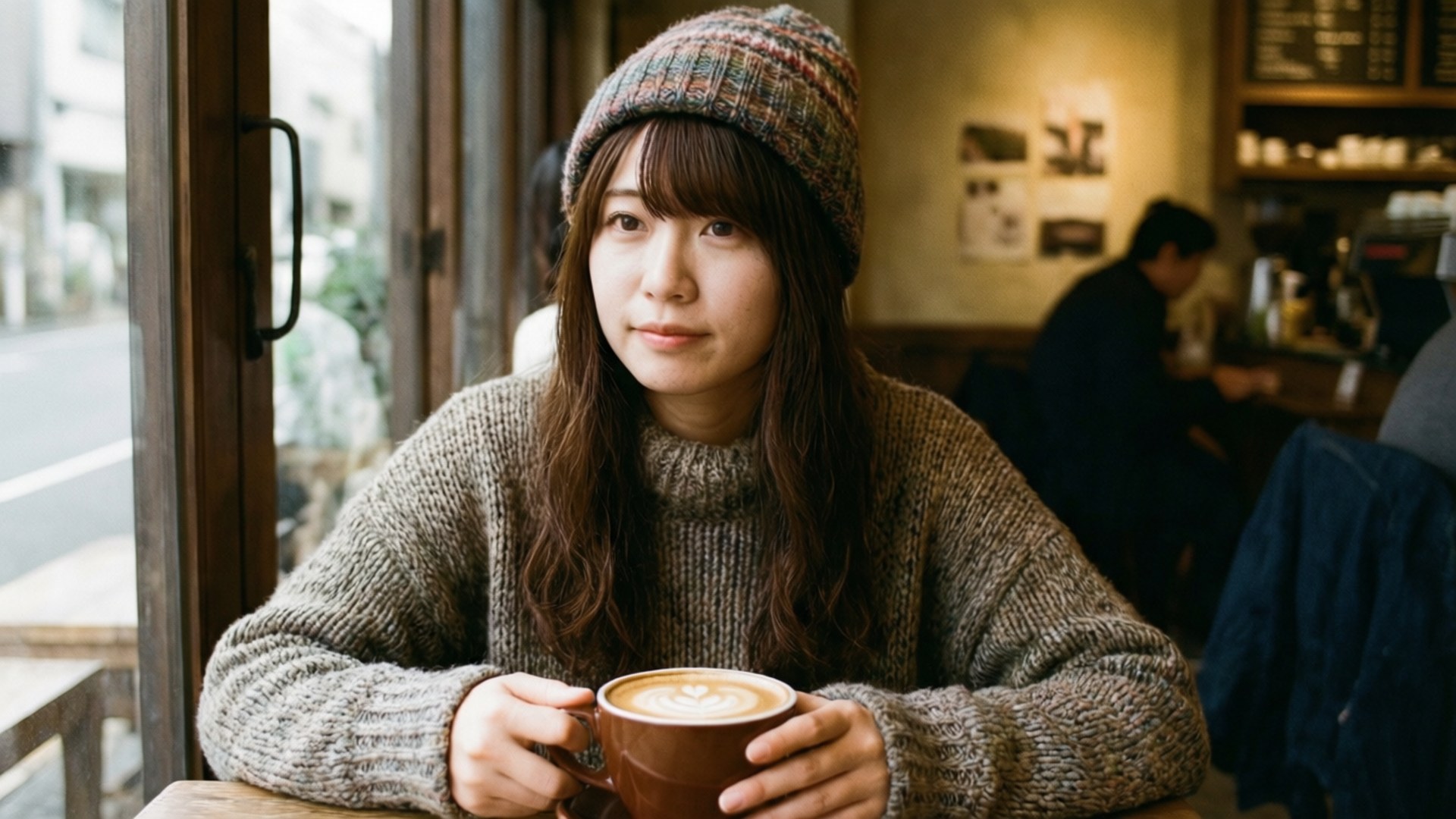戴針織帽的年輕女子在咖啡館窗邊拿著咖啡杯