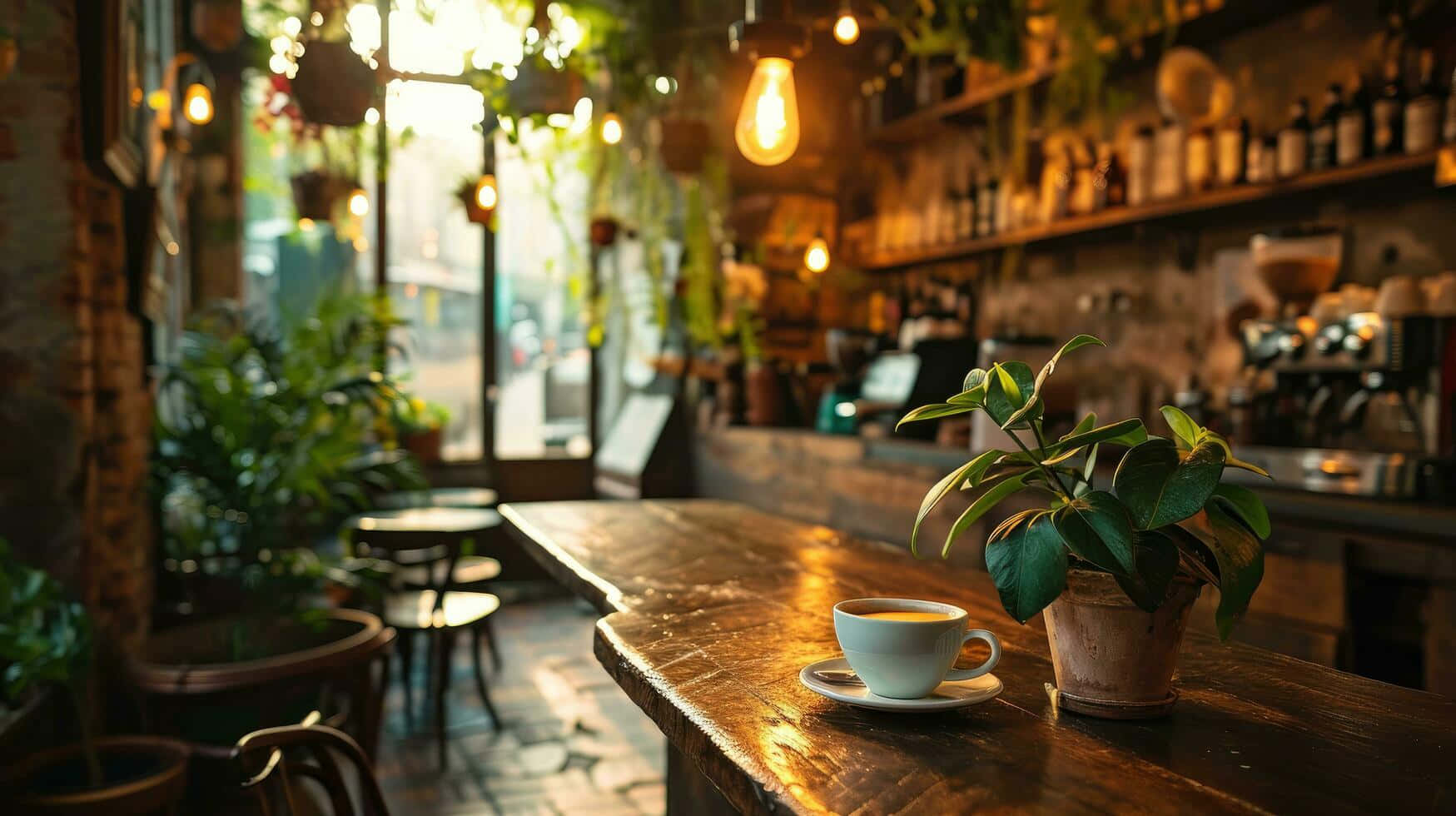 溫馨咖啡館內景與植物 壁紙 — 一杯熱咖啡和盆栽植物放在一個舒適、充滿植物的咖啡館的質樸木吧檯上，沐浴在金色的午後陽光中。