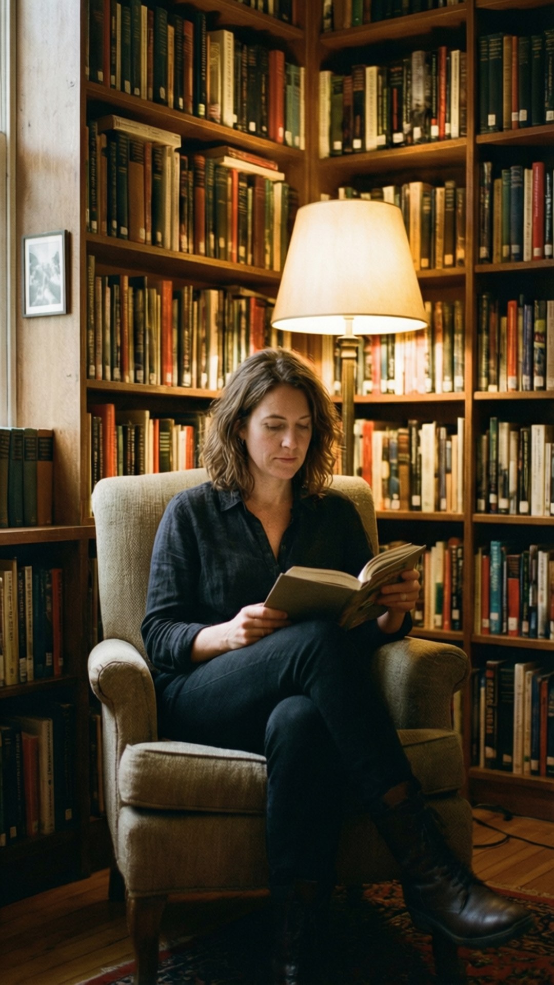 溫馨圖書館時光 壁紙 — 一位女士坐在舒適的扶手椅上，被高聳的書架包圍，在地板燈的溫暖光芒下閱讀。