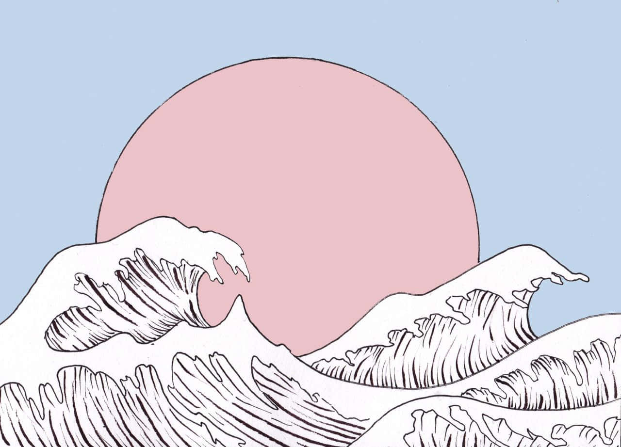 極簡線條藝術插圖中的風格化海浪與粉紅色太陽。
