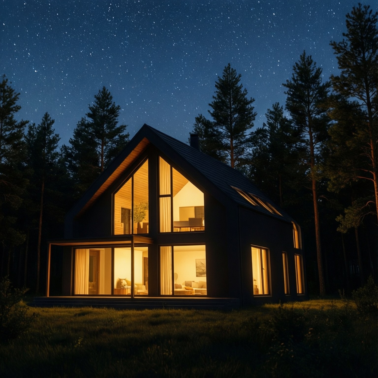 現代小屋在松樹林的星空下散發溫暖光芒