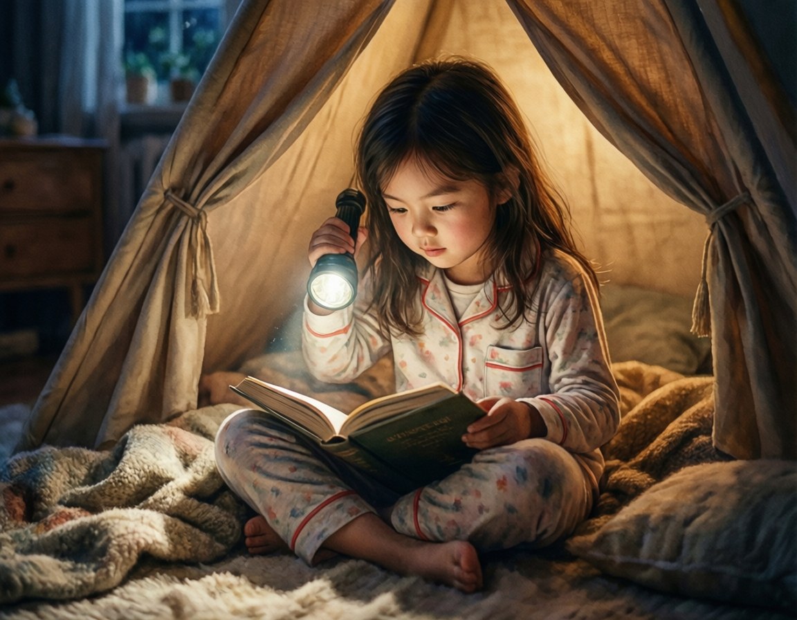 溫馨夜讀 壁紙 — 一個穿著睡衣的小女孩在布帳篷內盤腿而坐，拿著手電筒，在溫暖的金色燈光下看書。