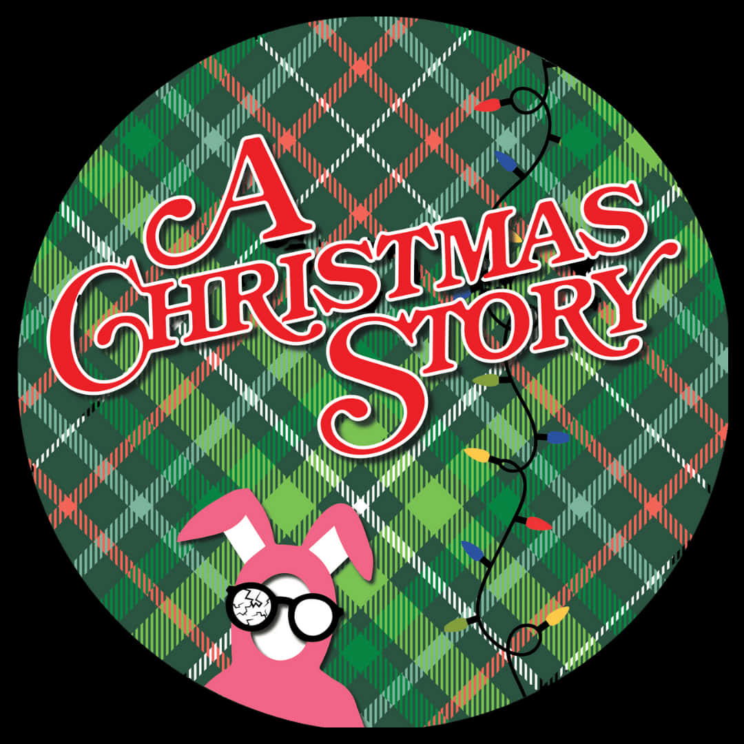 溫馨家庭經典《A Christmas Story》 壁紙 — 一個為《聖誕故事》設計的節日圓形標誌，以綠色格仔背景配以燈串，展示一隻戴眼鏡的粉紅兔。