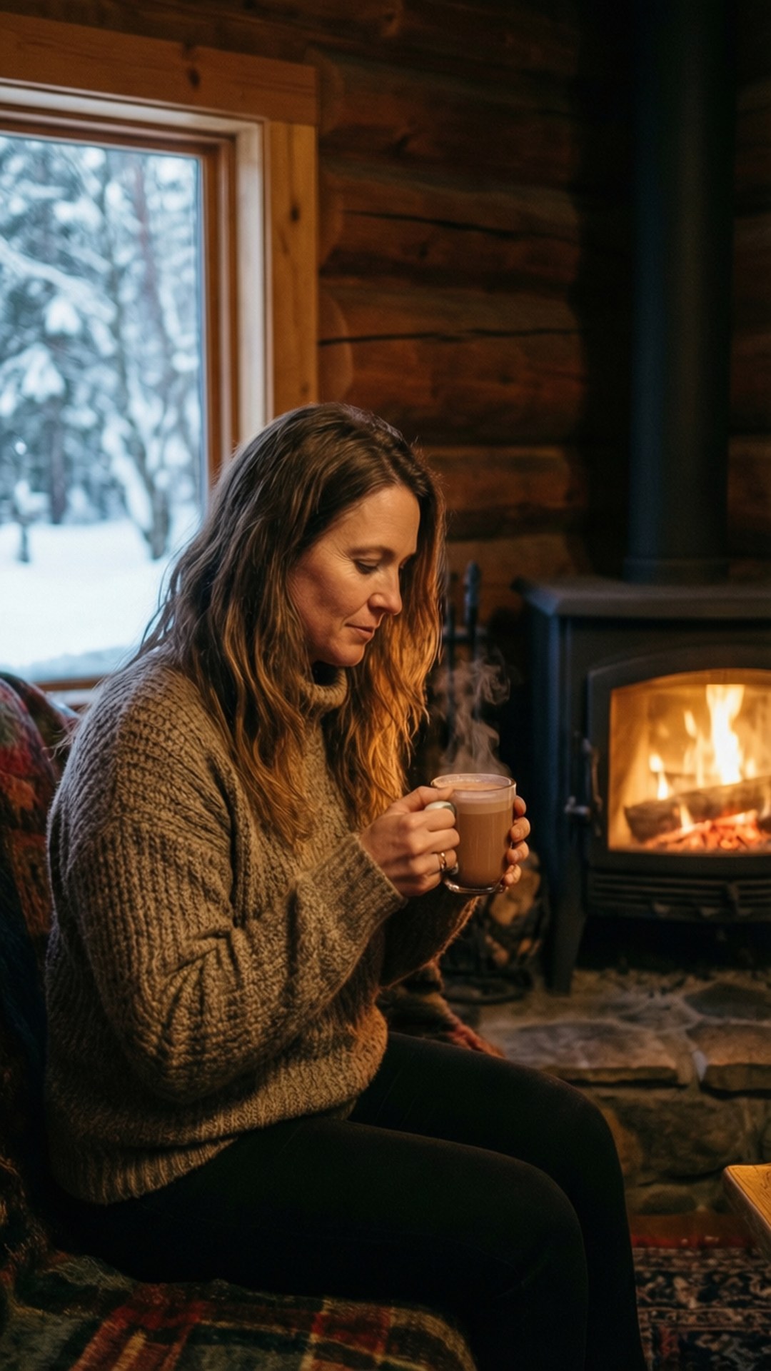 女性在雪中小屋的壁爐旁享受熱可可。