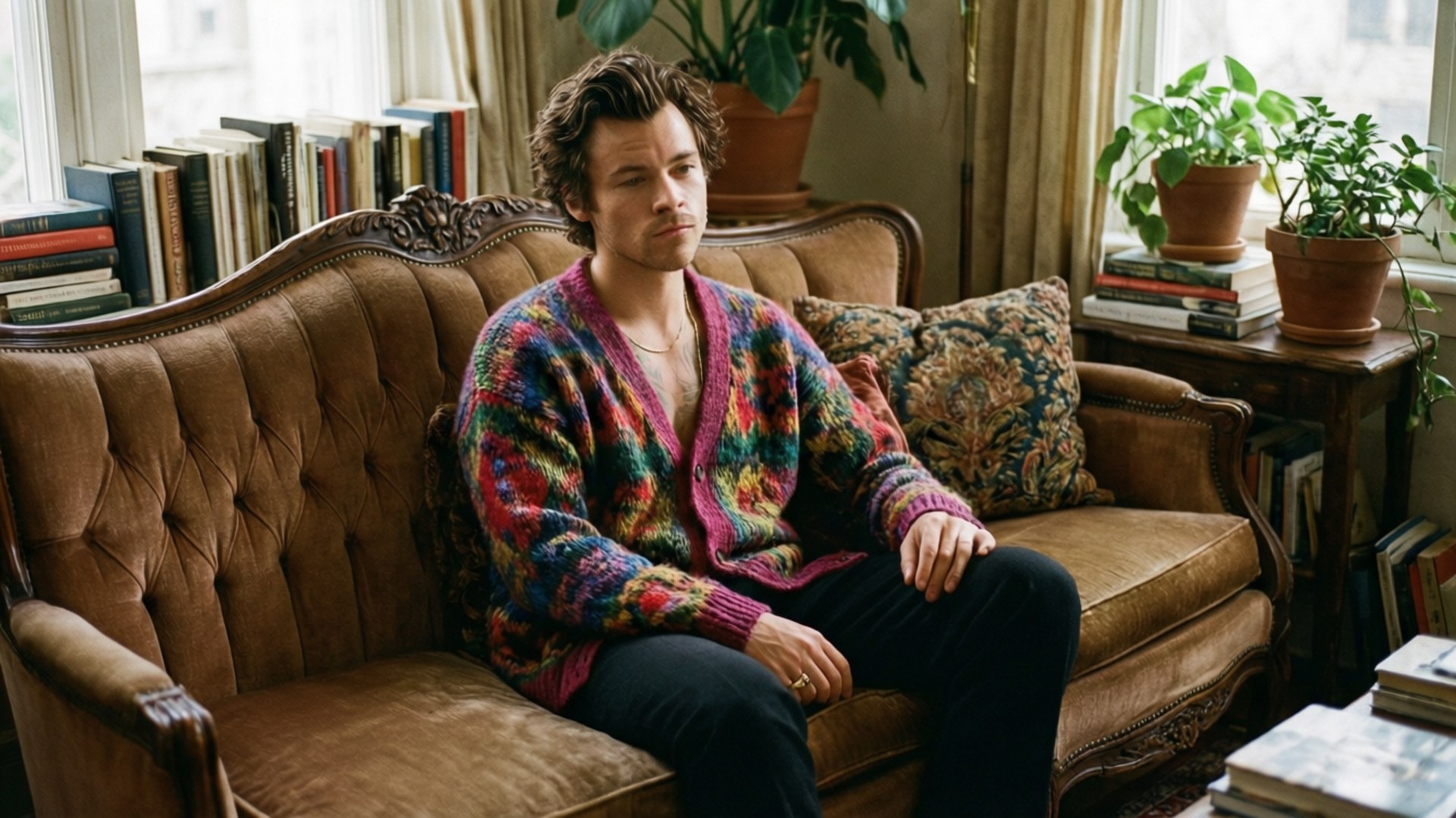 Harry Styles 在溫馨房間的復古梳化上放鬆