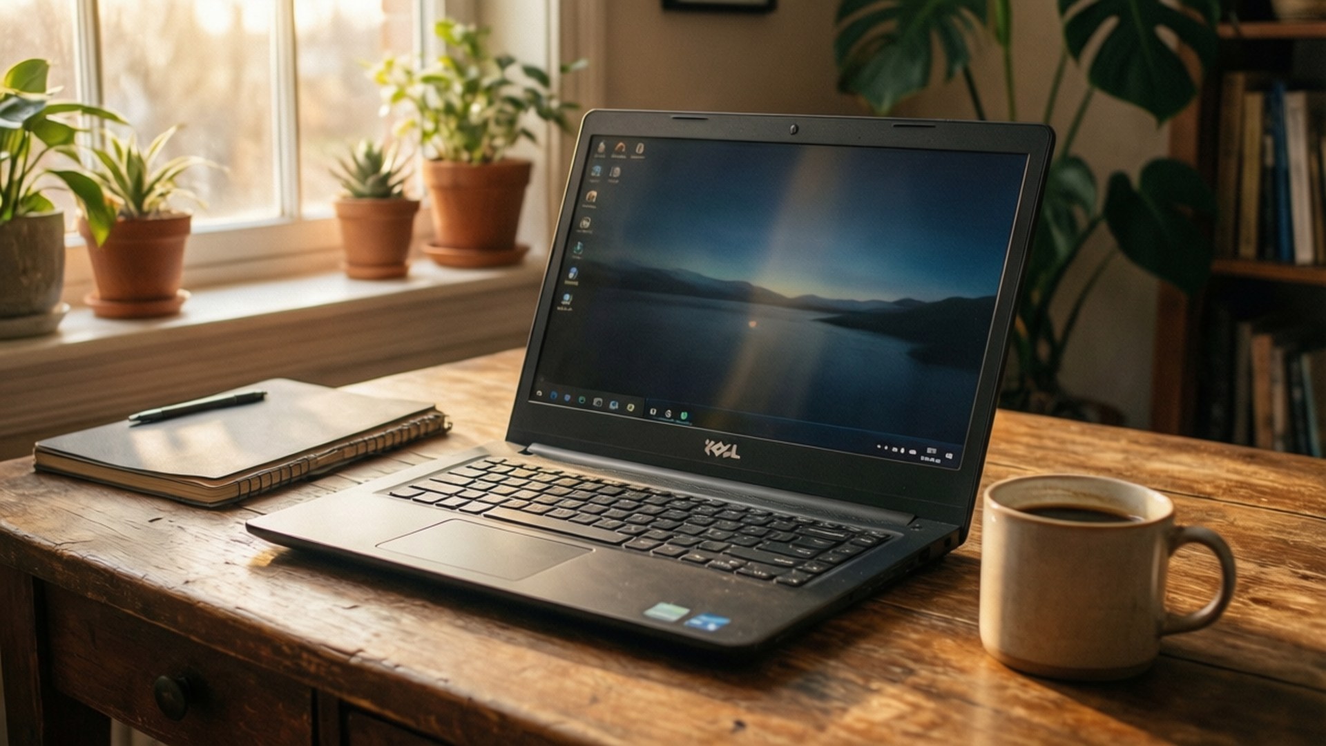 Dell 手提電腦 木桌 咖啡杯 筆記本 植物 窗邊