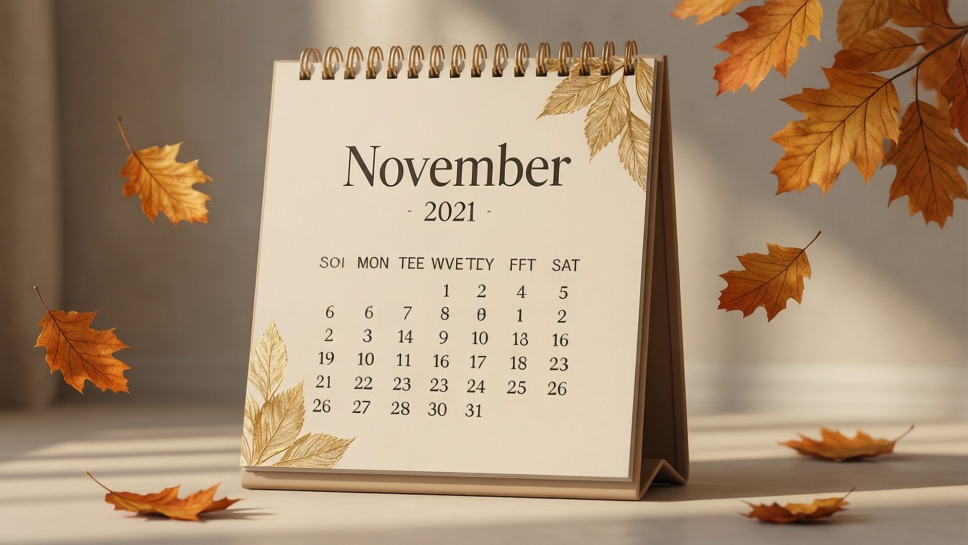 溫馨秋日十一月 2021 壁紙 — 2021年11月的桌上日曆，被飄落的金色楓葉環繞，在柔和溫暖的光線中。