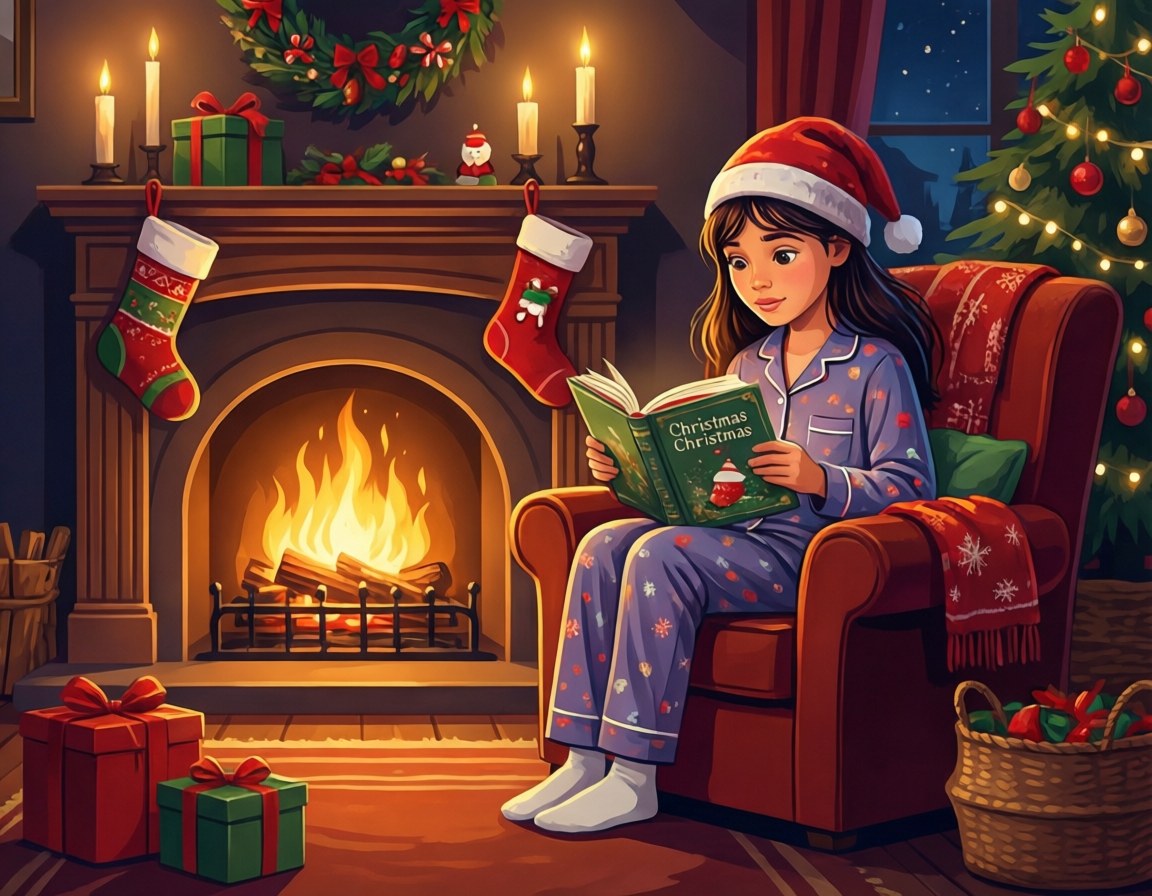 穿睡衣的女孩在壁爐旁閱讀聖誕書，有禮物和樹。