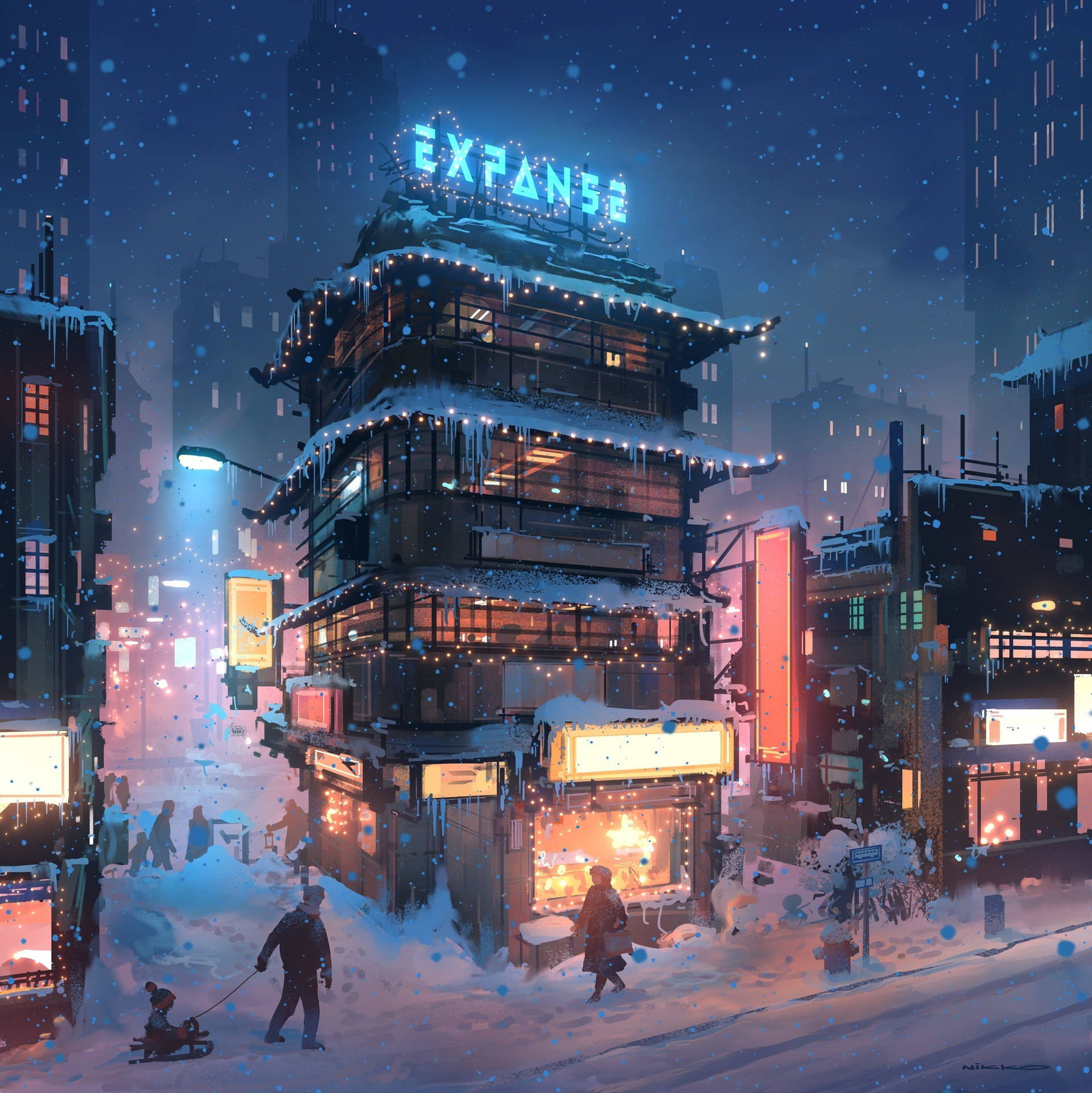 夜晚積雪的賽博龐克城市街道，有發光的霓虹招牌和行人。