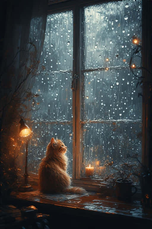 一隻薑貓坐在雨窗前，被蠟燭和燈照亮