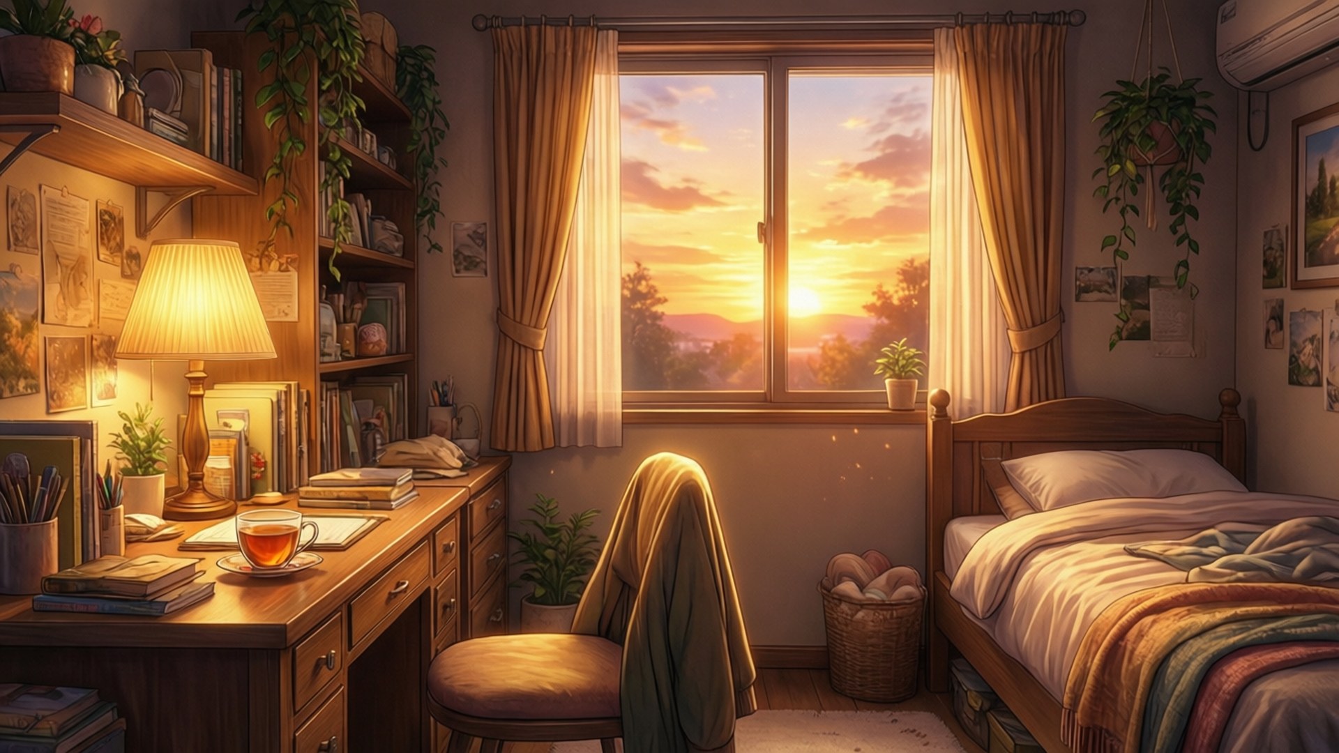 溫馨黃昏房間 壁紙 — 一個舒適的臥室，沐浴在溫暖的夕陽光中，光線透過窗戶照射進來，顯露出遠處的山脈。